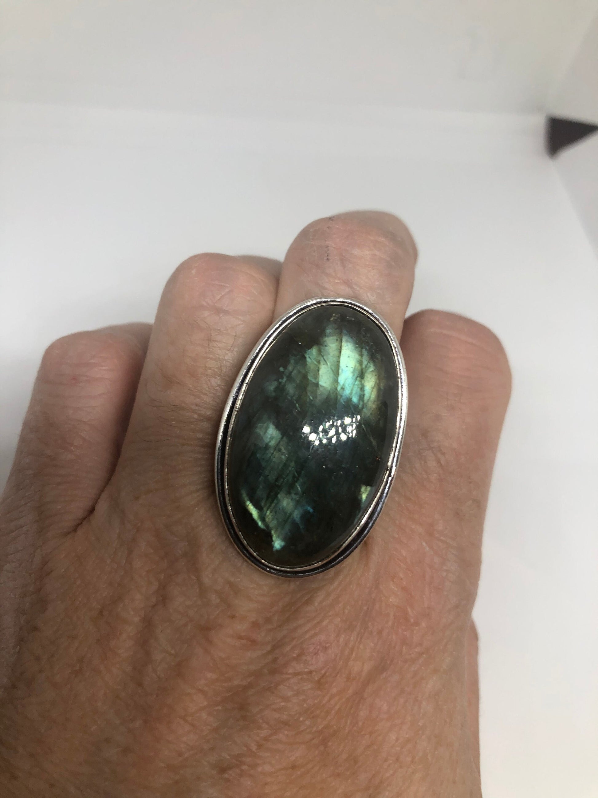 Vintage Blue Green Labradorite Stone Silver Ring Size 6.75