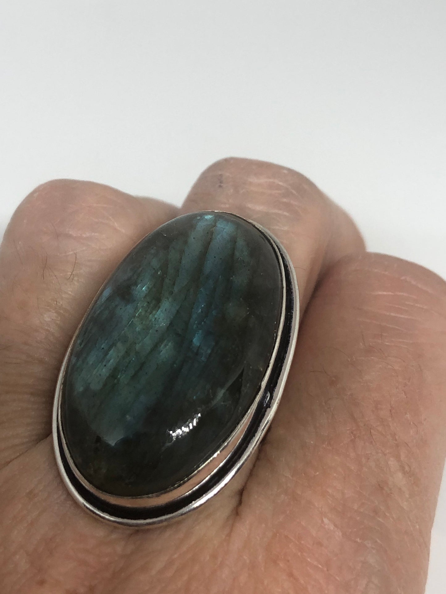 Vintage Blue Green Labradorite Stone Silver Ring Size 6.75