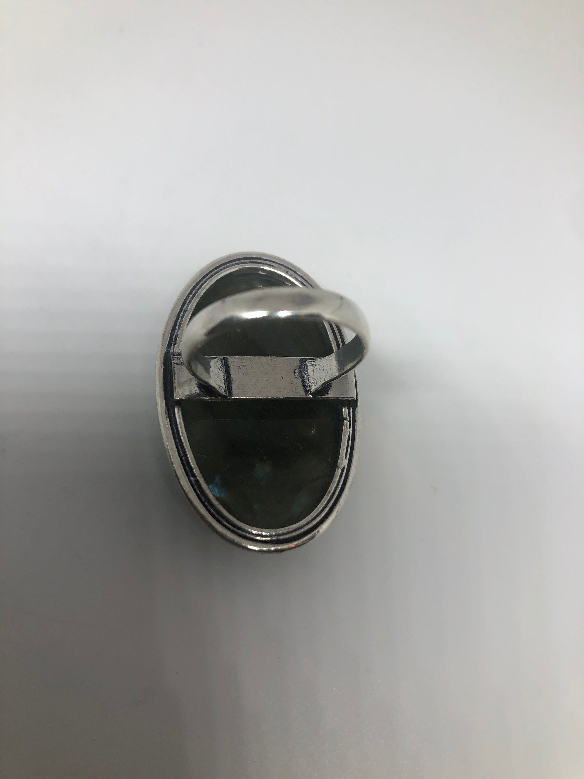 Vintage Blue Green Labradorite Stone Silver Ring Size 6.75