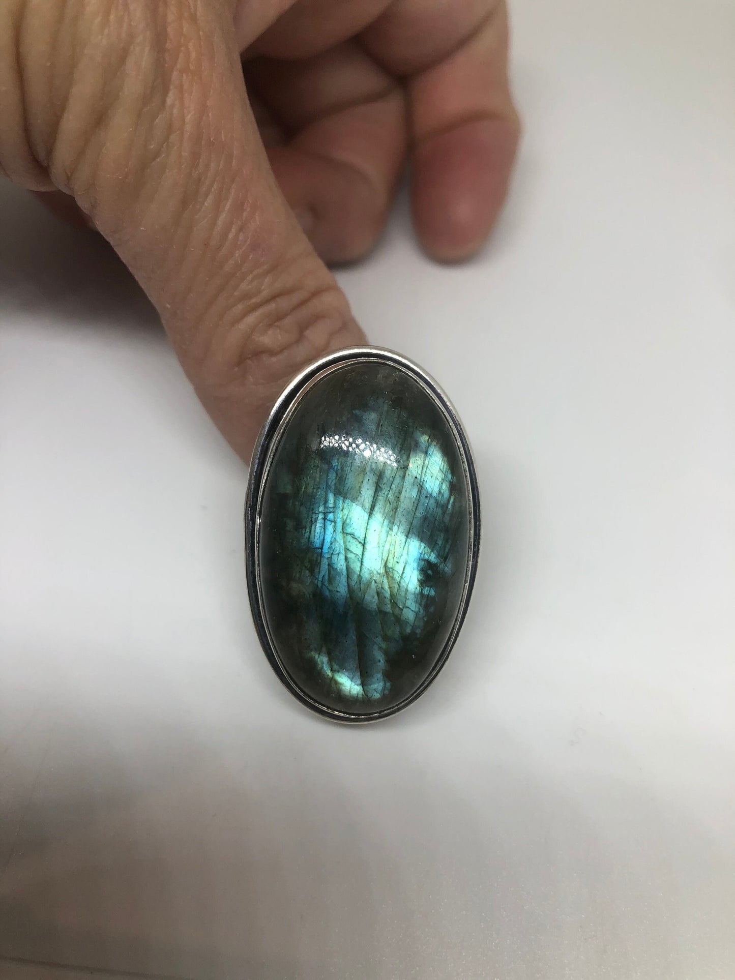 Vintage Blue Green Labradorite Stone Silver Ring Size 6.75