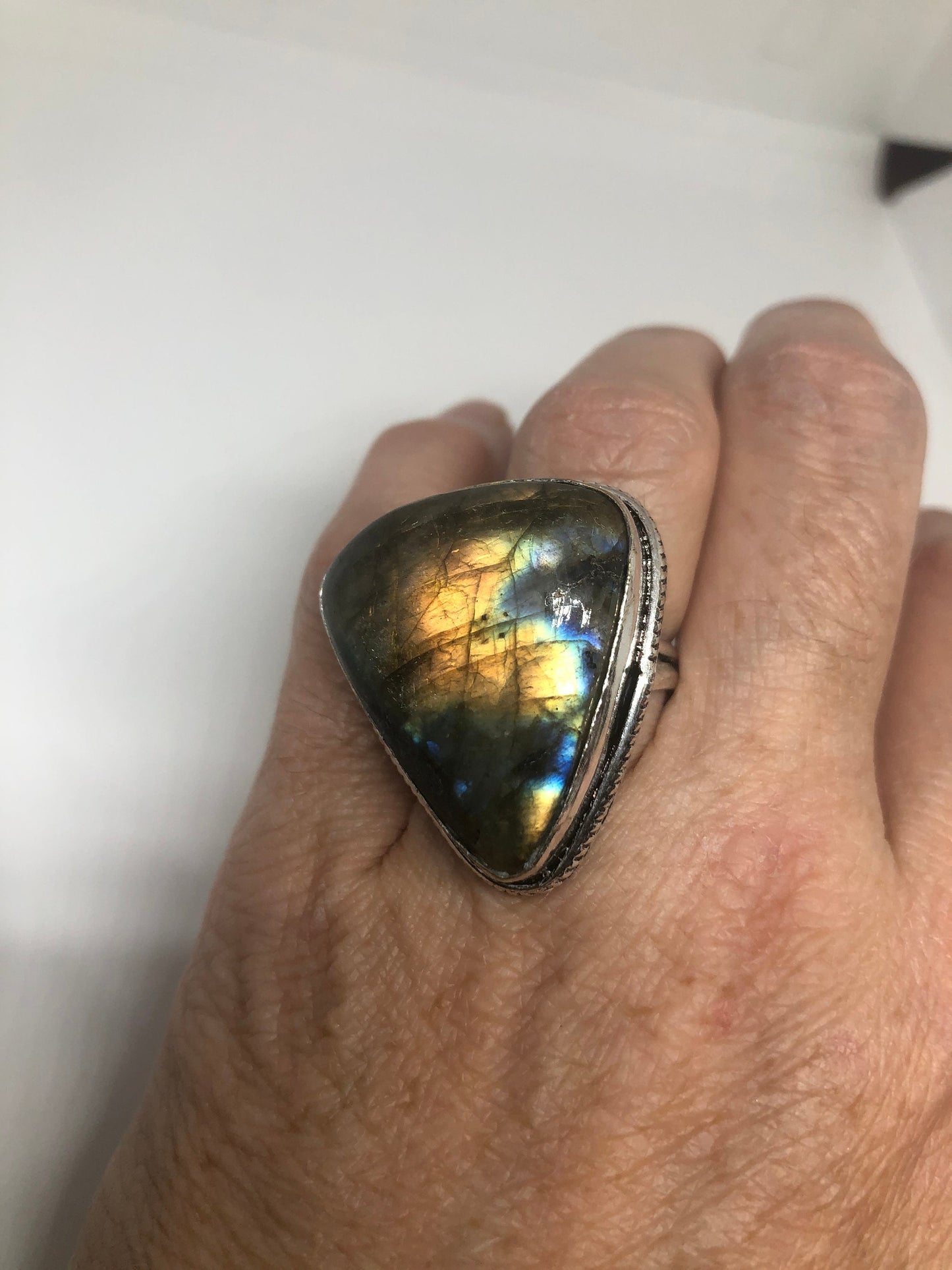 Vintage Blue Green Red Labradorite Stone Silver Ring Size 8