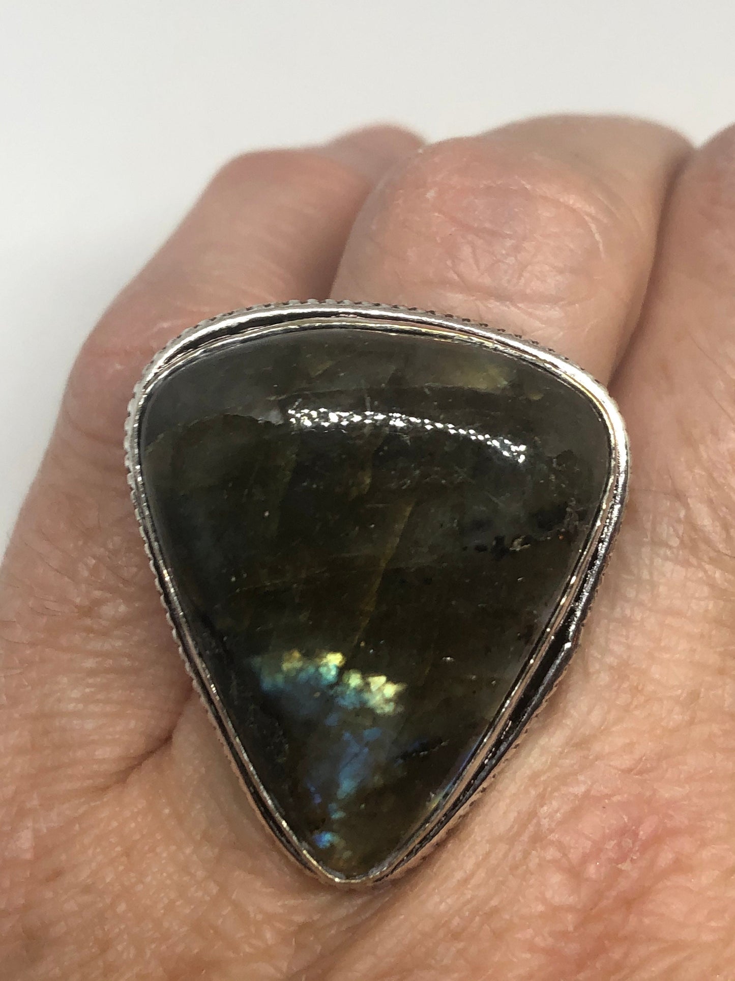 Vintage Blue Green Red Labradorite Stone Silver Ring Size 8