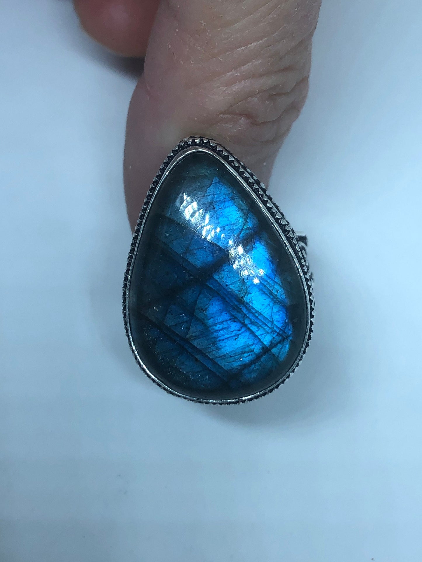 Vintage Blue Labradorite Stone Silver Ring Size 8.5