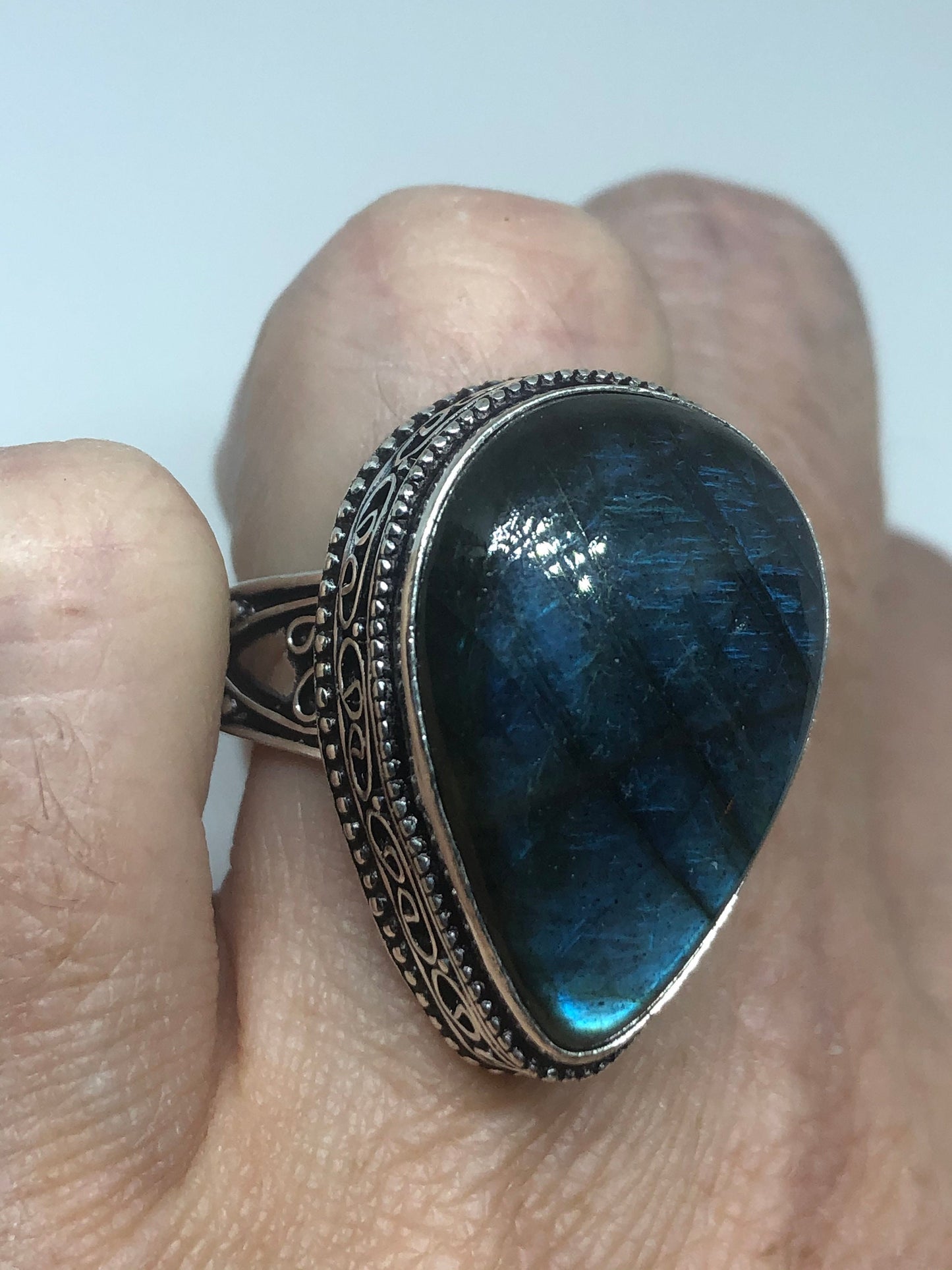 Vintage Blue Labradorite Stone Silver Ring Size 8.5