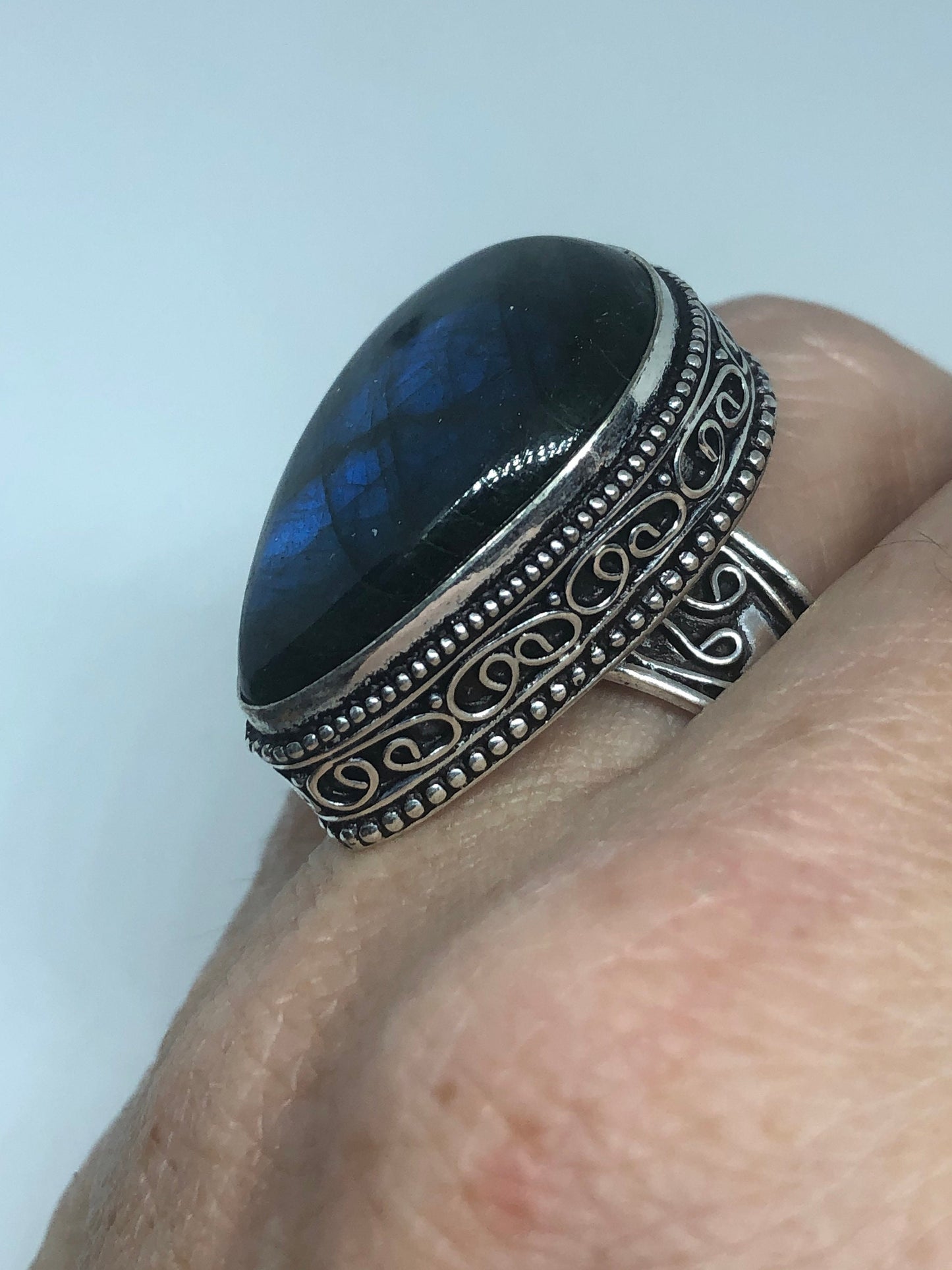 Vintage Blue Labradorite Stone Silver Ring Size 8.5