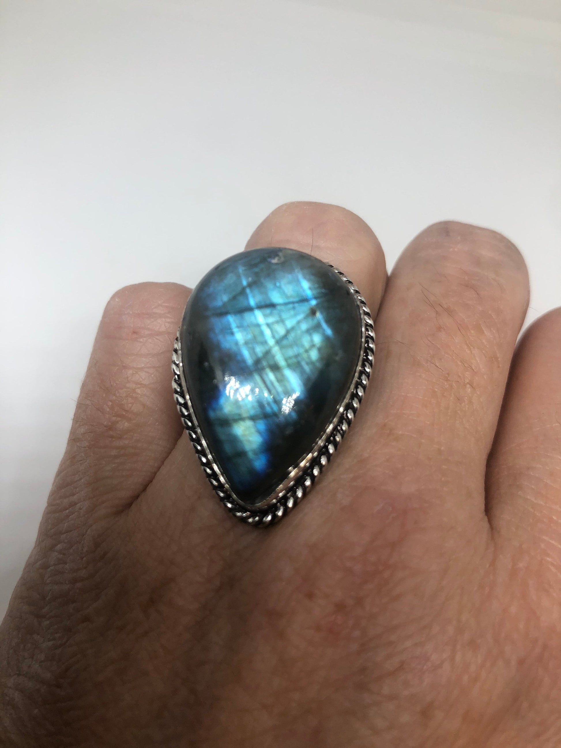 Vintage Blue Labradorite Stone Silver Ring Size 7.75