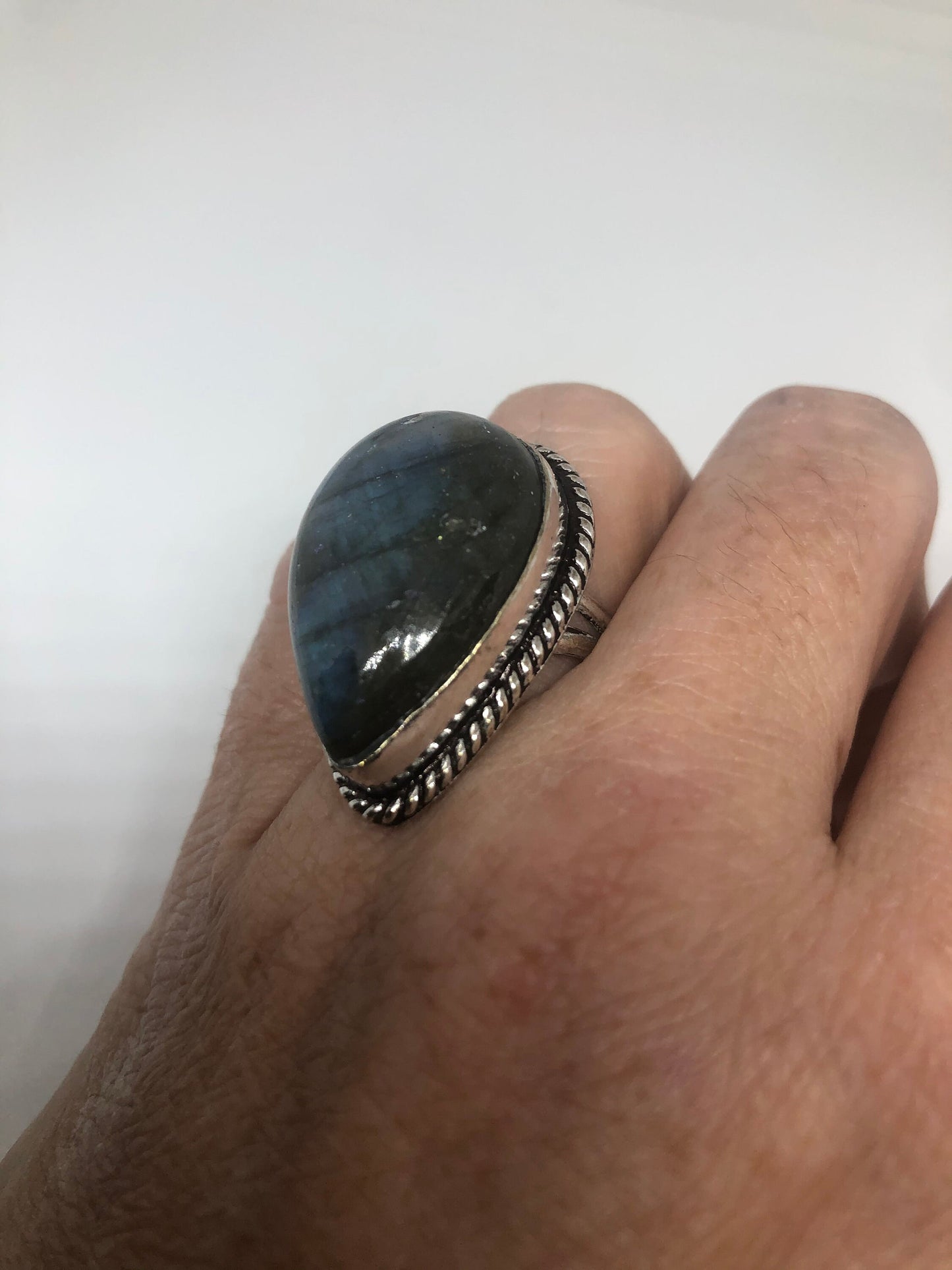 Vintage Blue Labradorite Stone Silver Ring Size 7.75