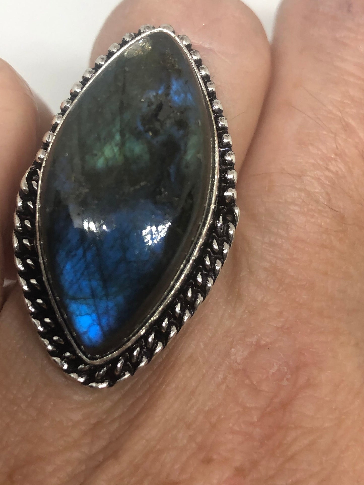 Vintage Blue Labradorite Stone Silver Ring Size 6.75