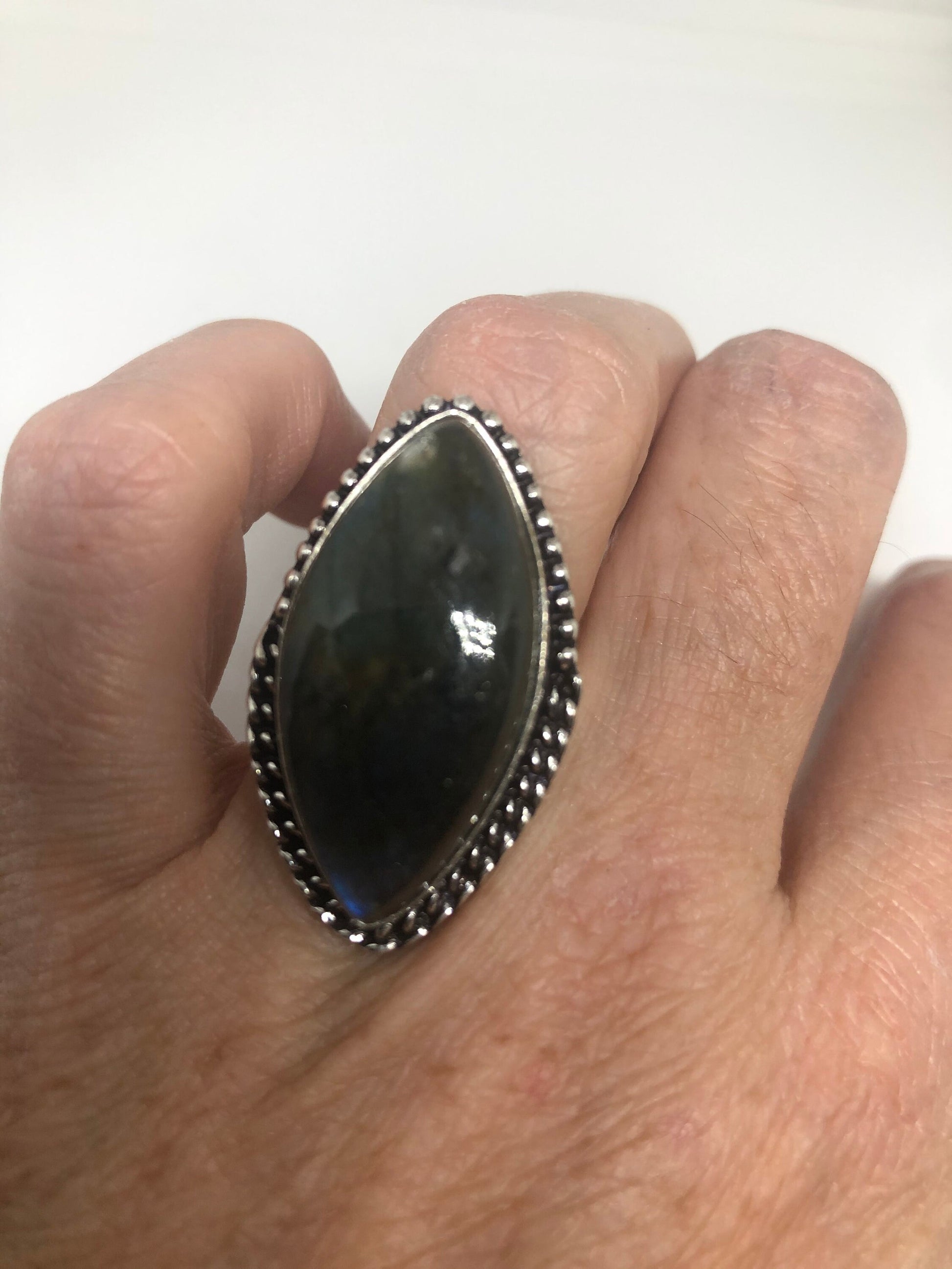 Vintage Blue Labradorite Stone Silver Ring Size 6.75