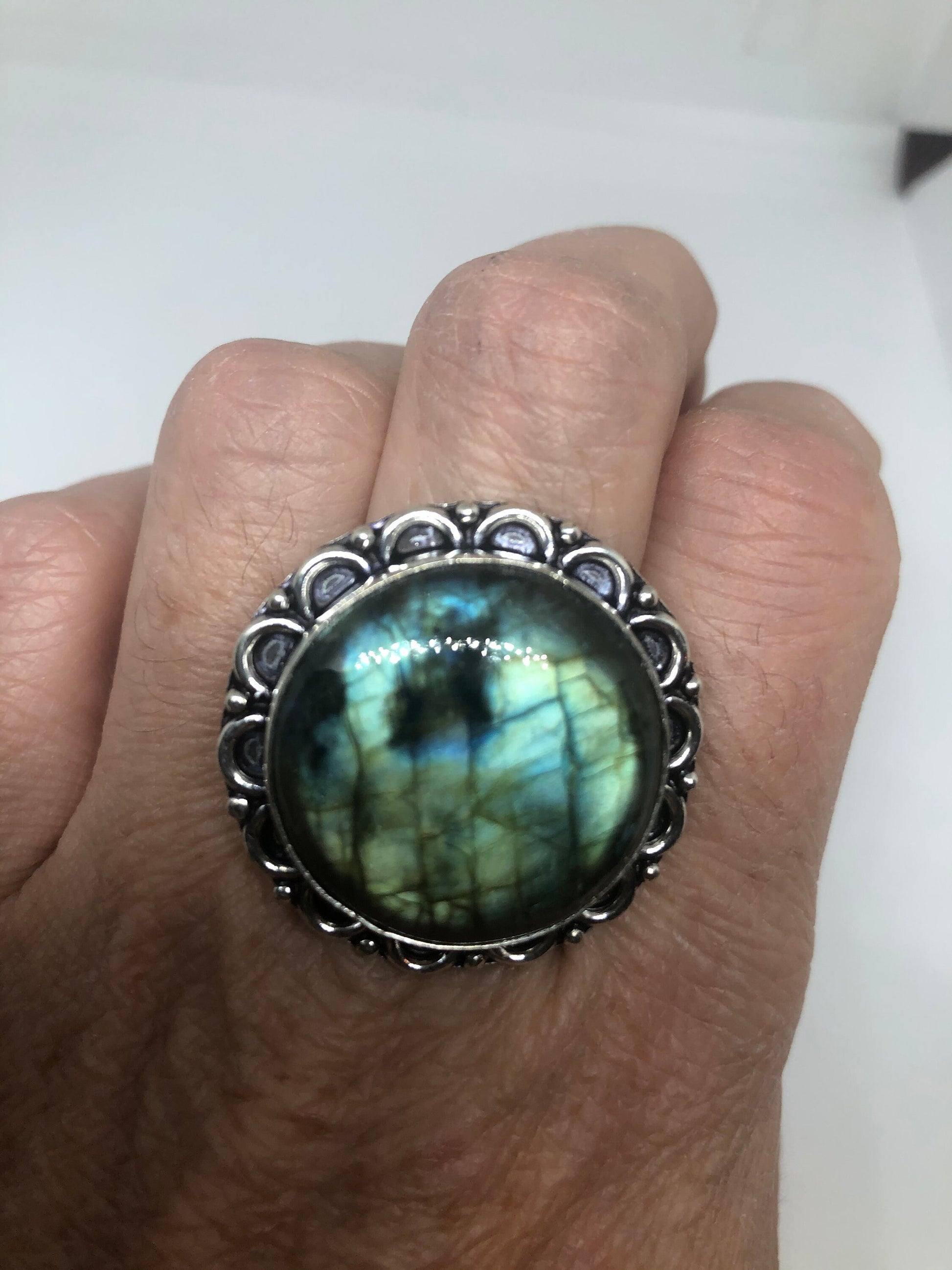 Vintage Blue Labradorite Stone Silver Ring Size 8.5