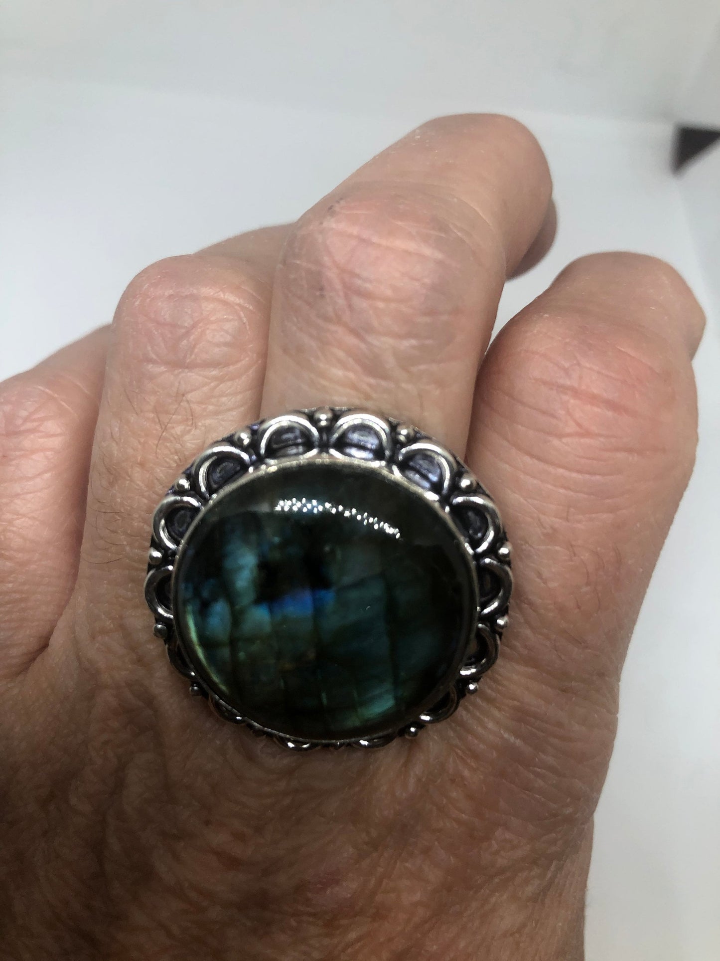 Vintage Blue Labradorite Stone Silver Ring Size 8.5