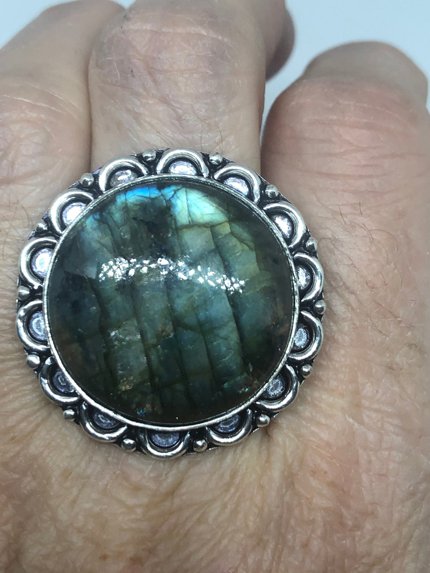 Vintage Blue Labradorite Stone Silver Ring Size 8.5