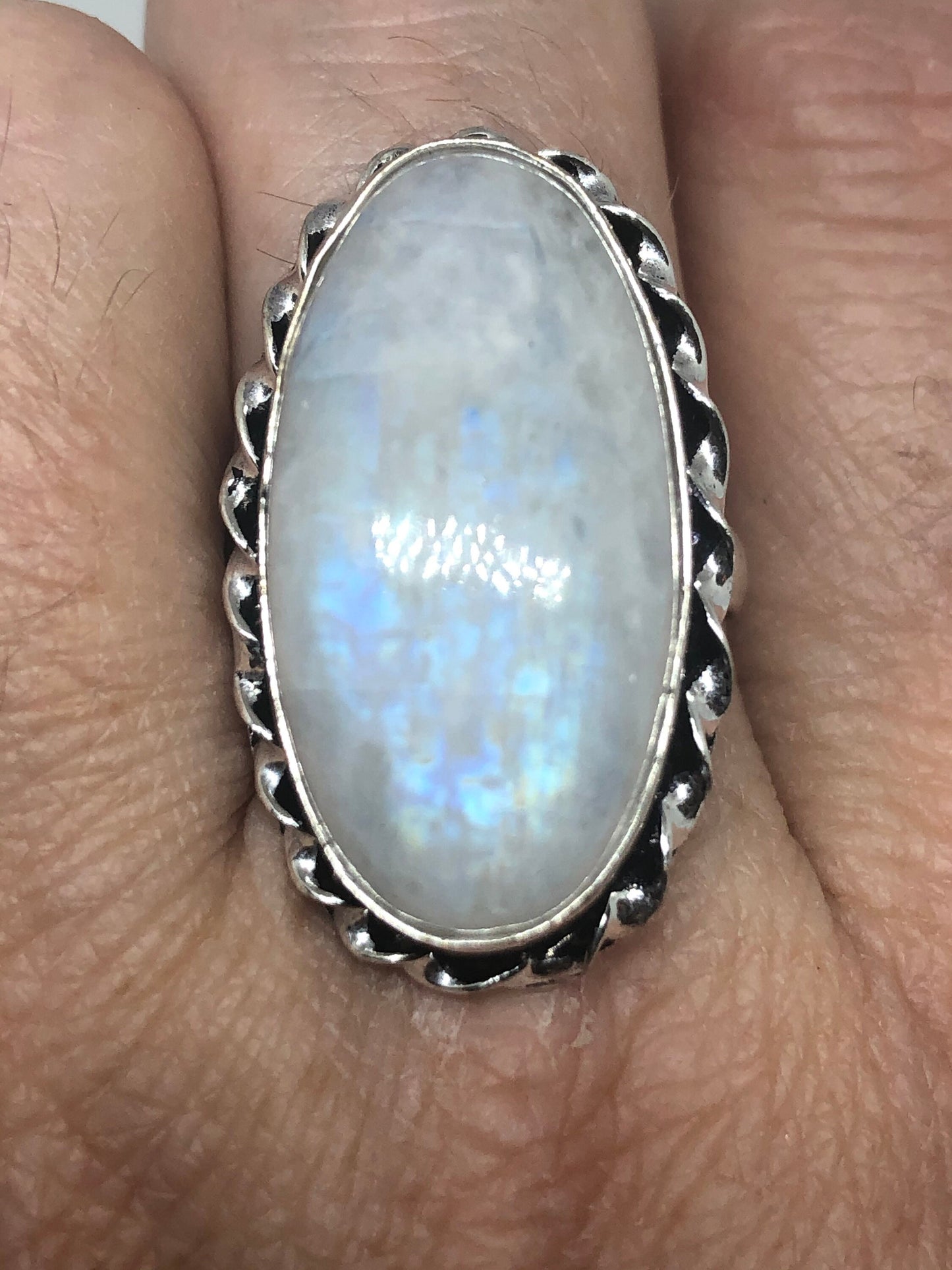 Vintage Genuine Blue White Rainbow Moonstone Ring Size 8