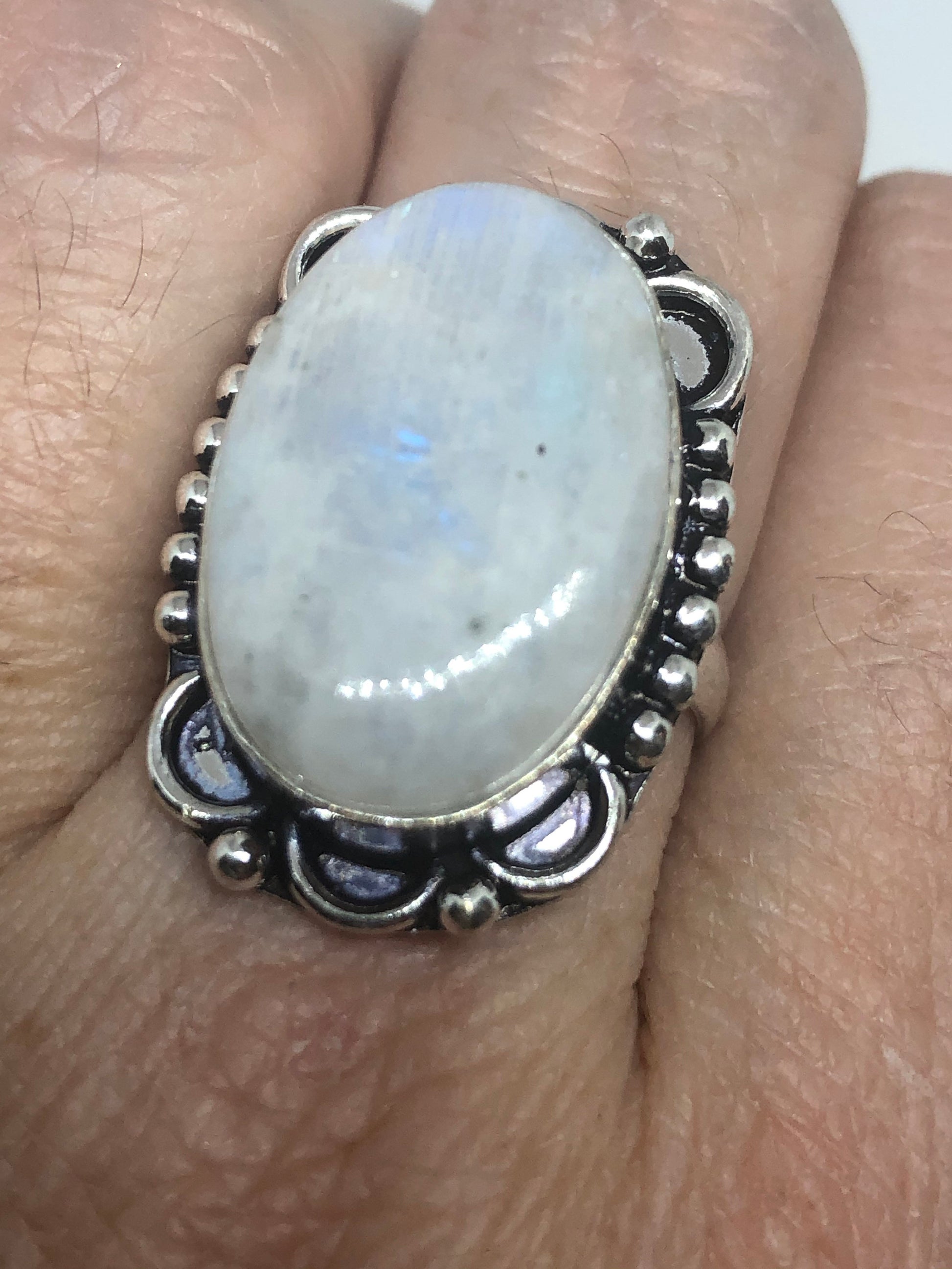 Vintage Genuine Blue White Rainbow Moonstone Ring Size 8