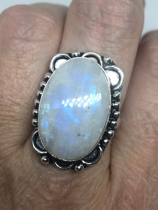 Vintage Genuine Blue White Rainbow Moonstone Ring Size 8