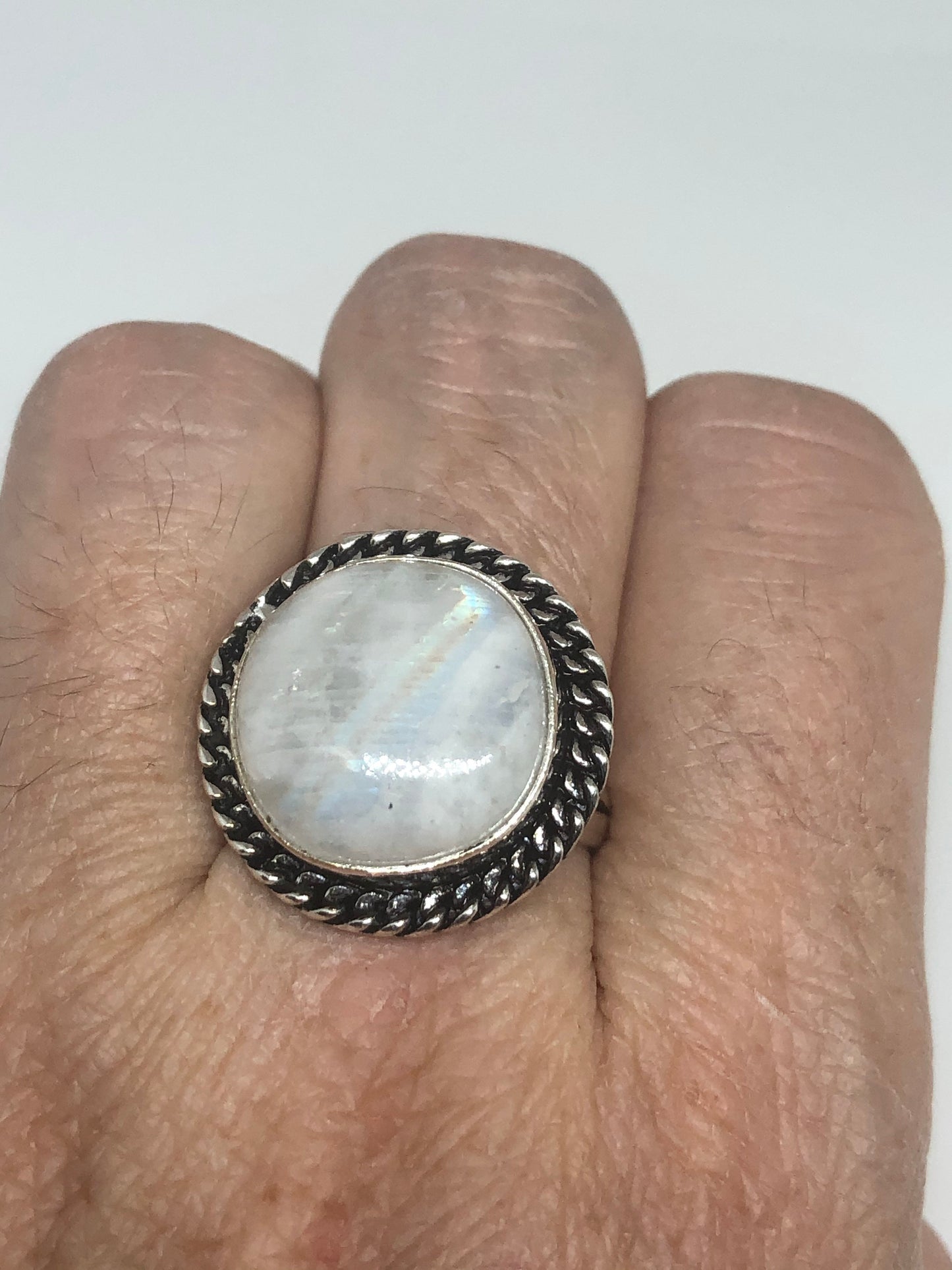 Vintage Genuine Blue White Rainbow Moonstone Ring Size 9.75