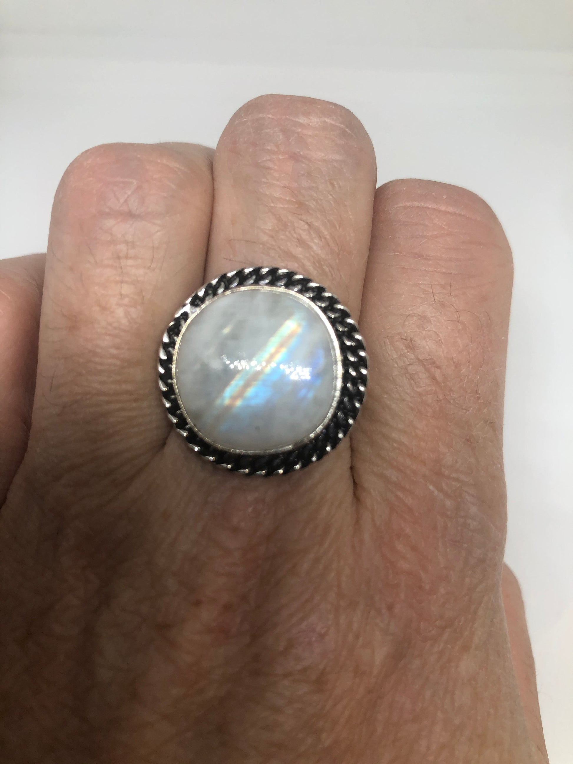 Vintage Genuine Blue White Rainbow Moonstone Ring Size 9.75