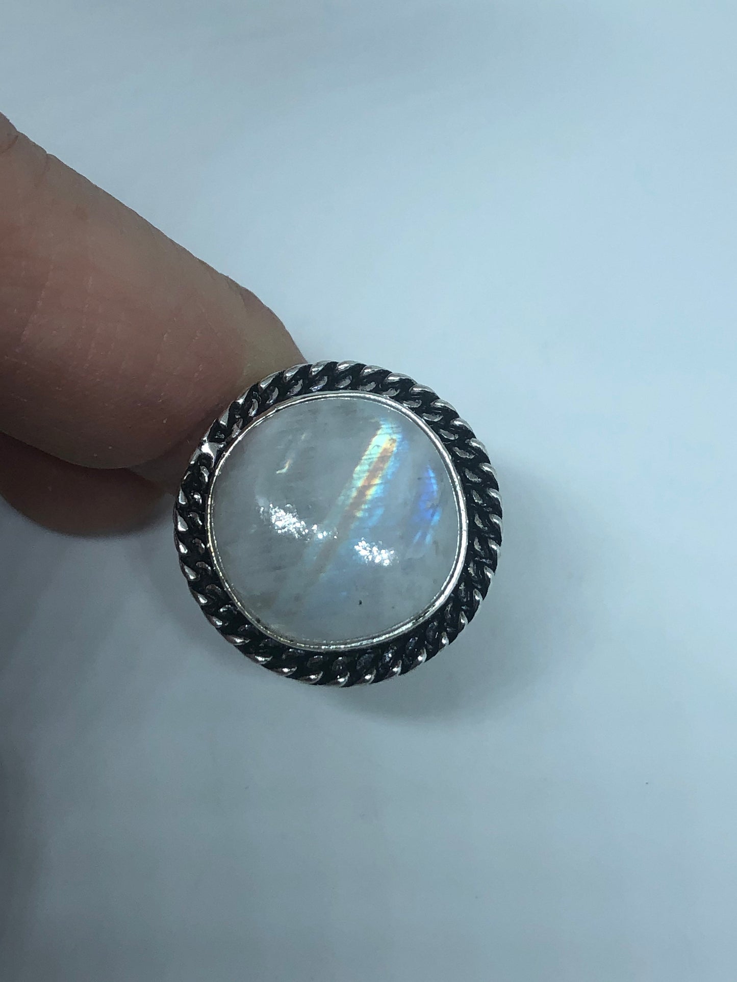 Vintage Genuine Blue White Rainbow Moonstone Ring Size 9.75