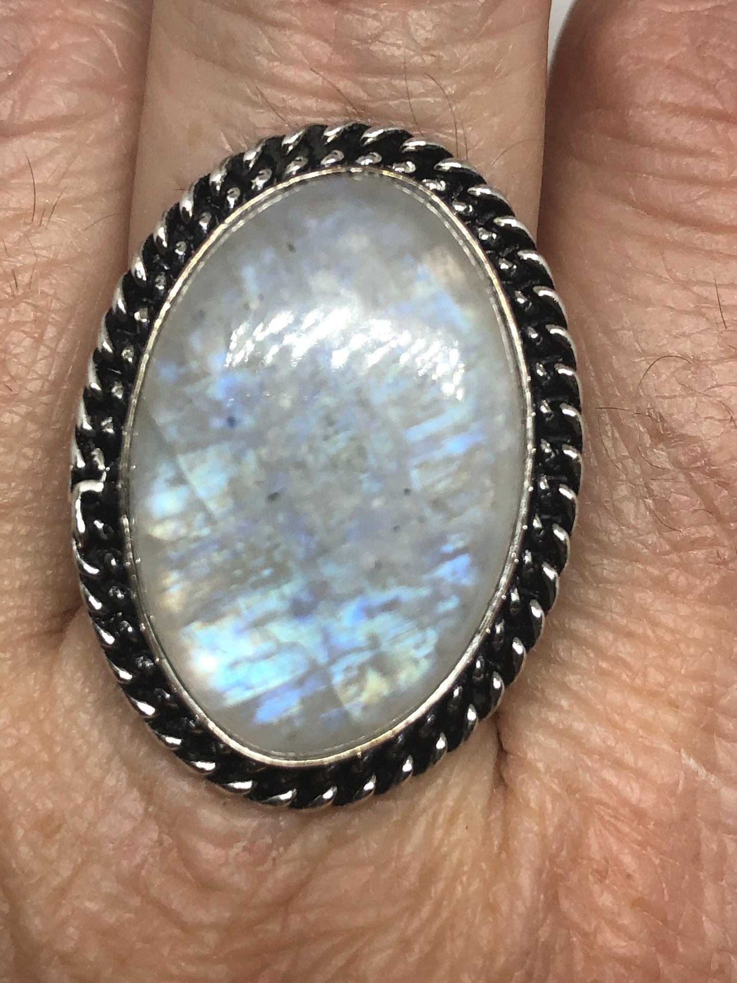 Vintage Genuine Blue White Rainbow Moonstone Ring Size 7.5