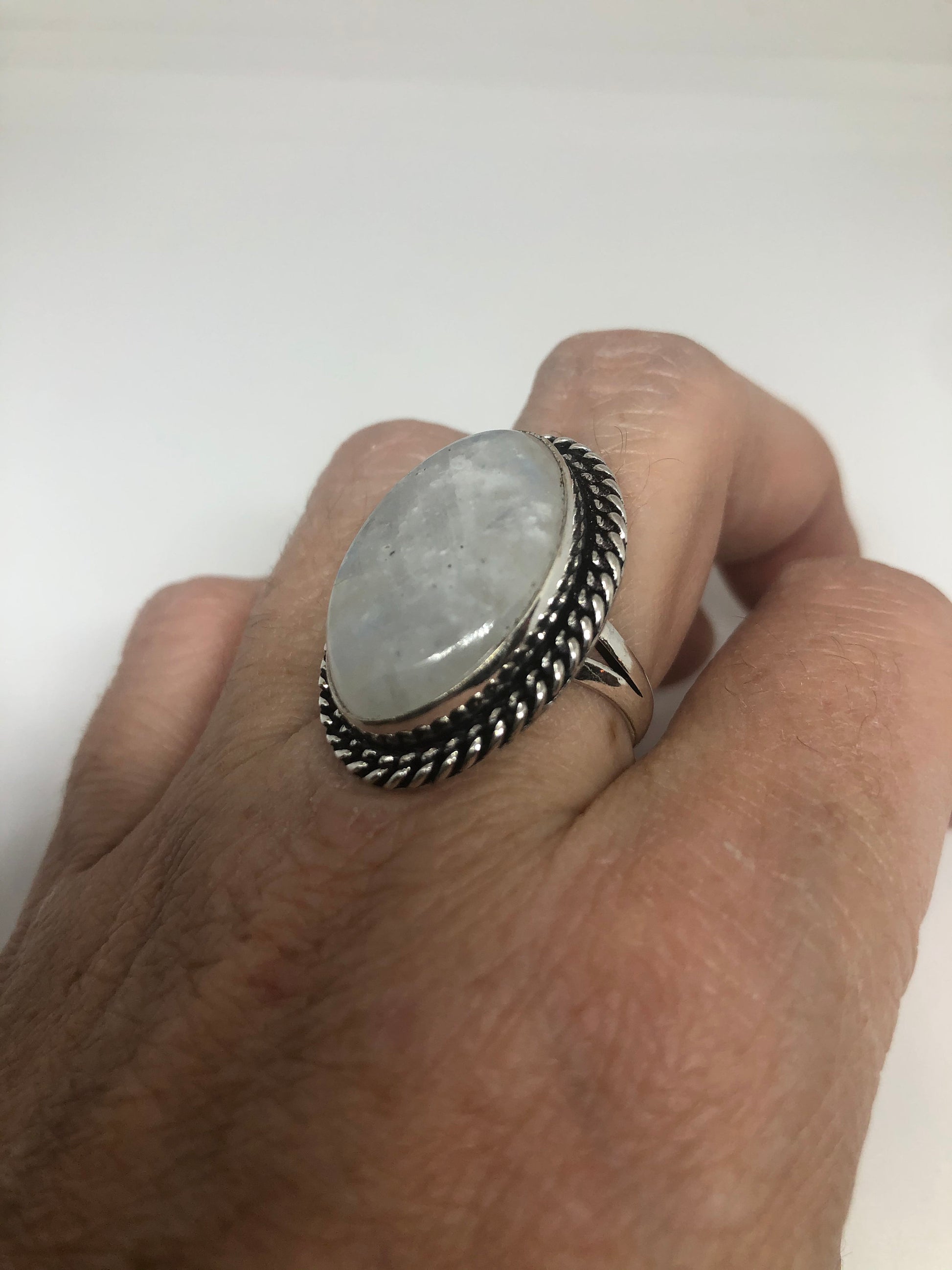 Vintage Genuine Blue White Rainbow Moonstone Ring Size 7.5