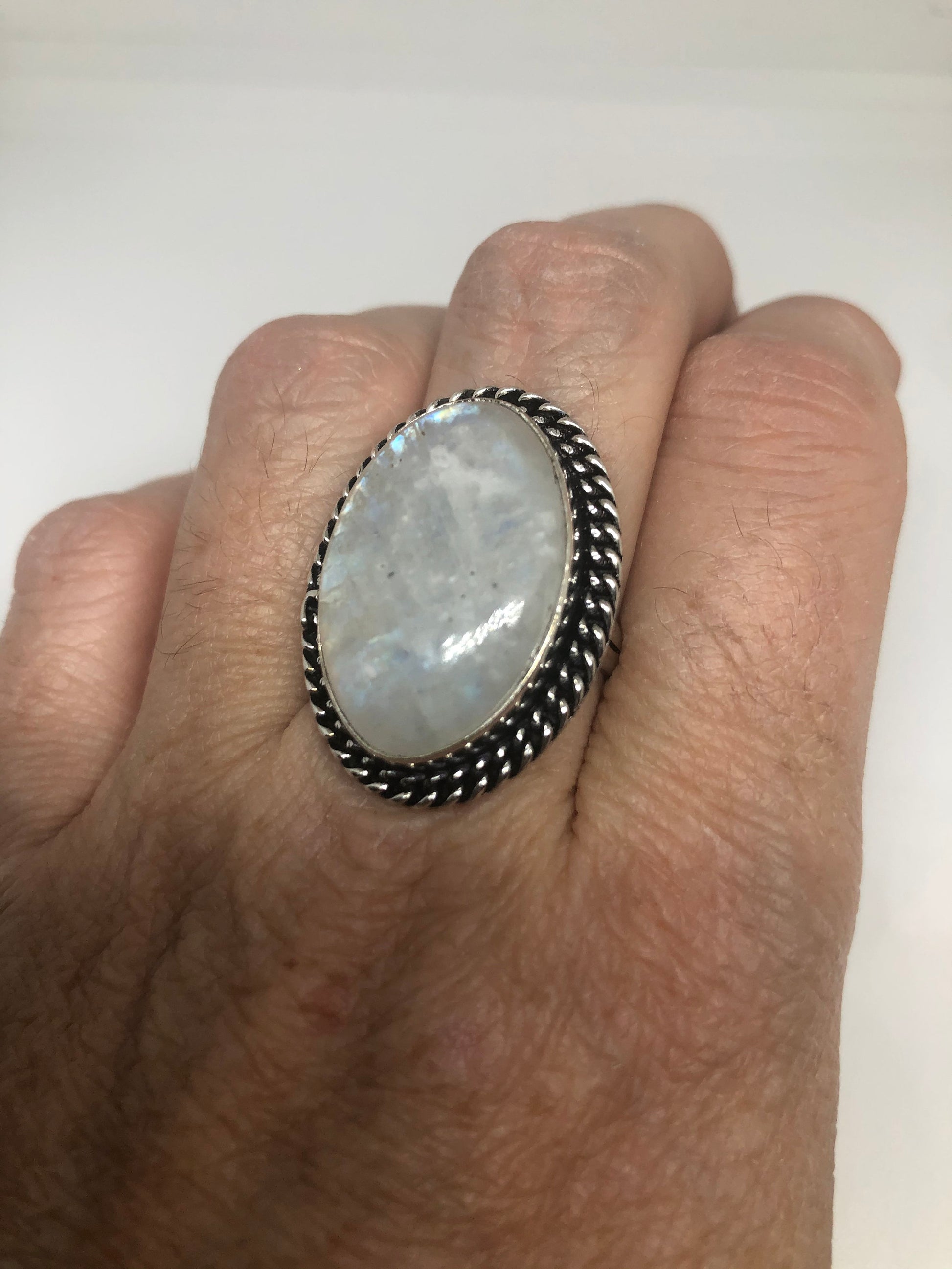 Vintage Genuine Blue White Rainbow Moonstone Ring Size 7.5