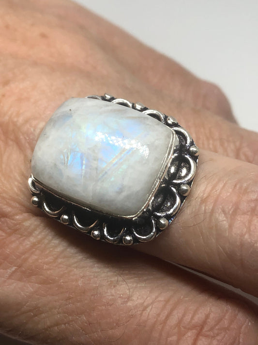 Vintage Genuine Blue White Rainbow Moonstone Ring Size 8