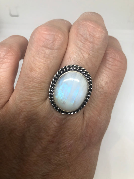 Vintage Genuine Blue White Rainbow Moonstone Ring Size 8.5