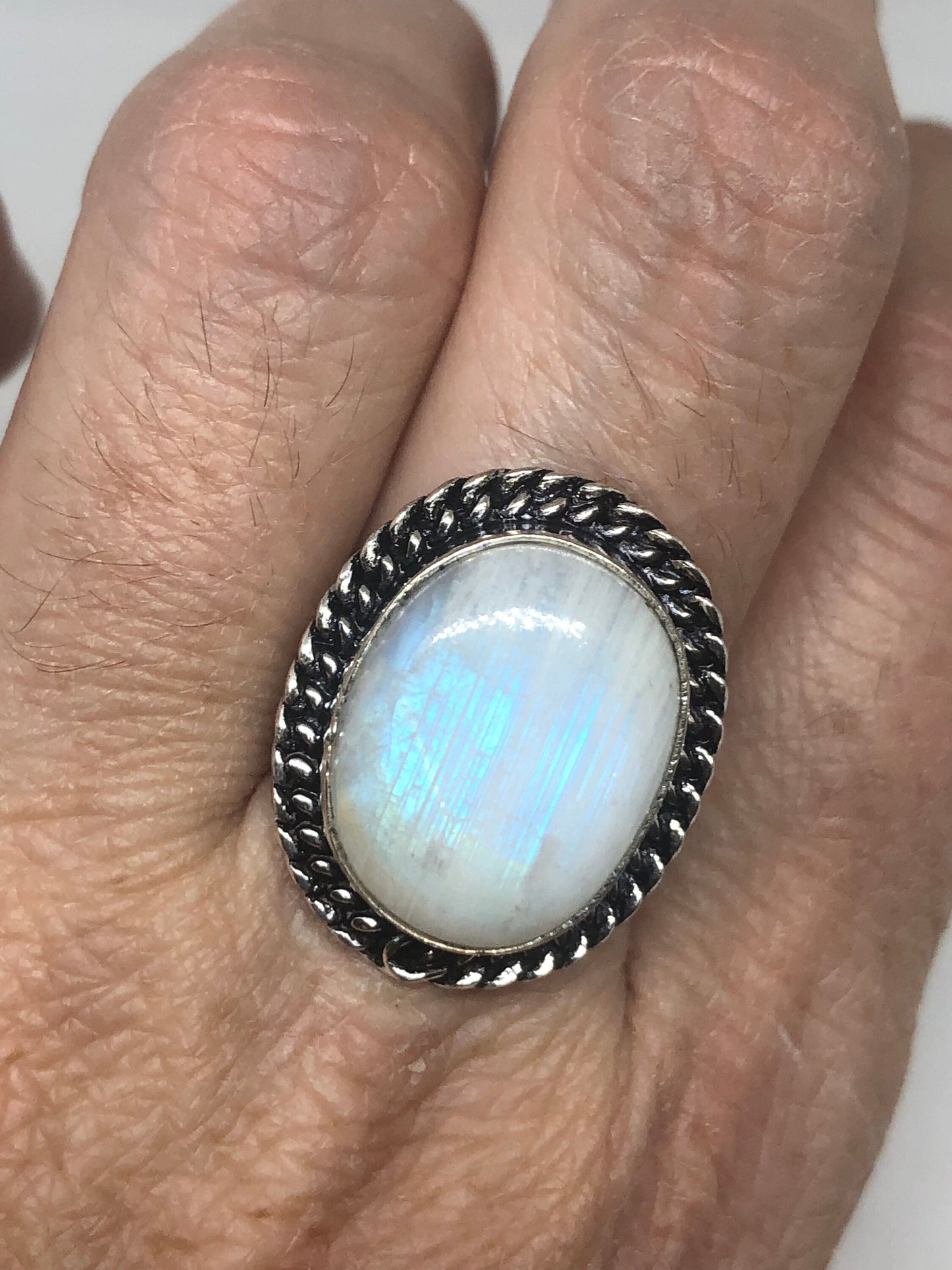 Vintage Genuine Blue White Rainbow Moonstone Ring Size 8.5