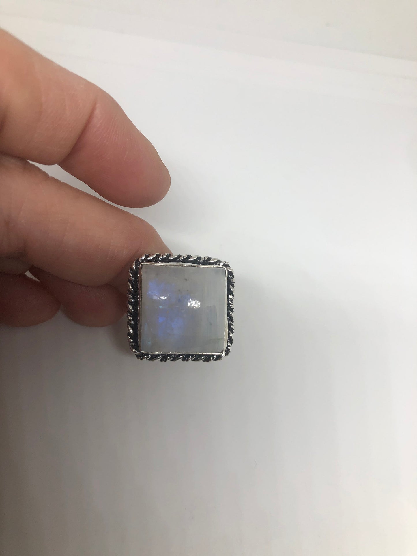 Vintage Genuine Blue White Rainbow Moonstone Ring Size 8