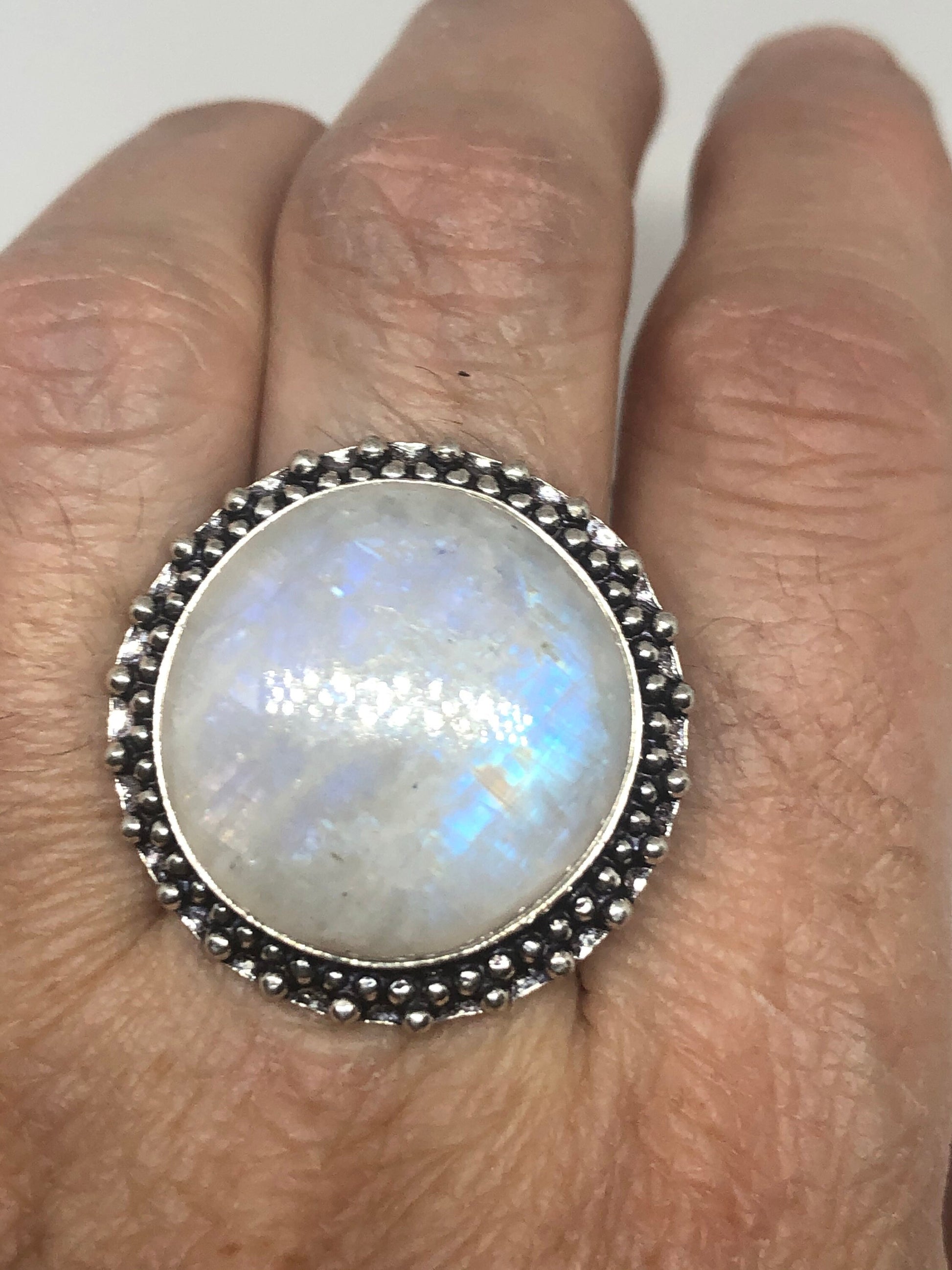 Vintage Genuine Blue White Rainbow Moonstone Ring Size 8