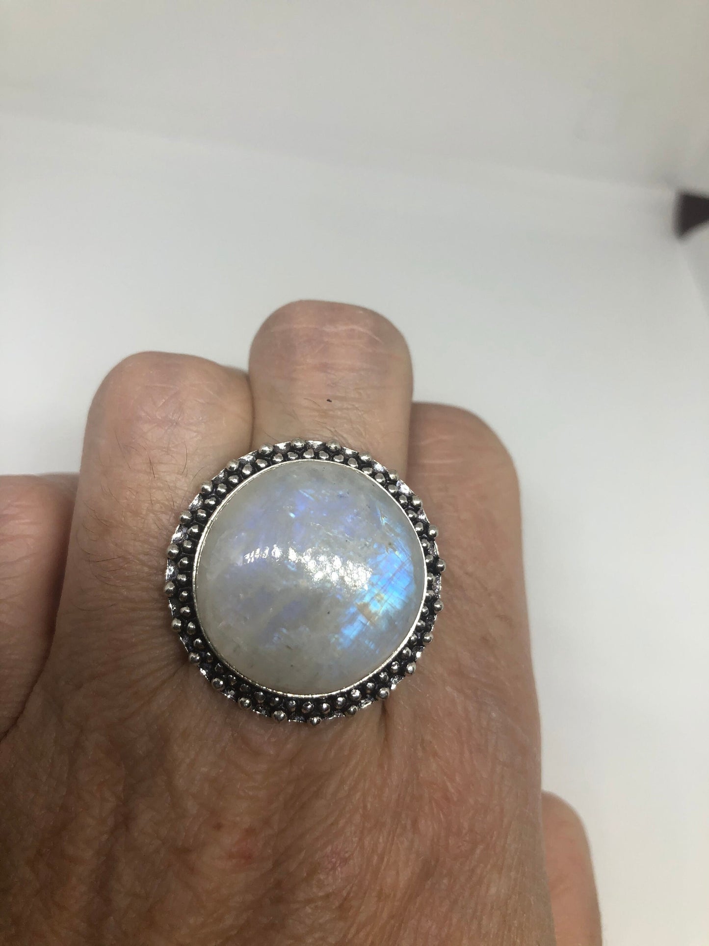 Vintage Genuine Blue White Rainbow Moonstone Ring Size 8