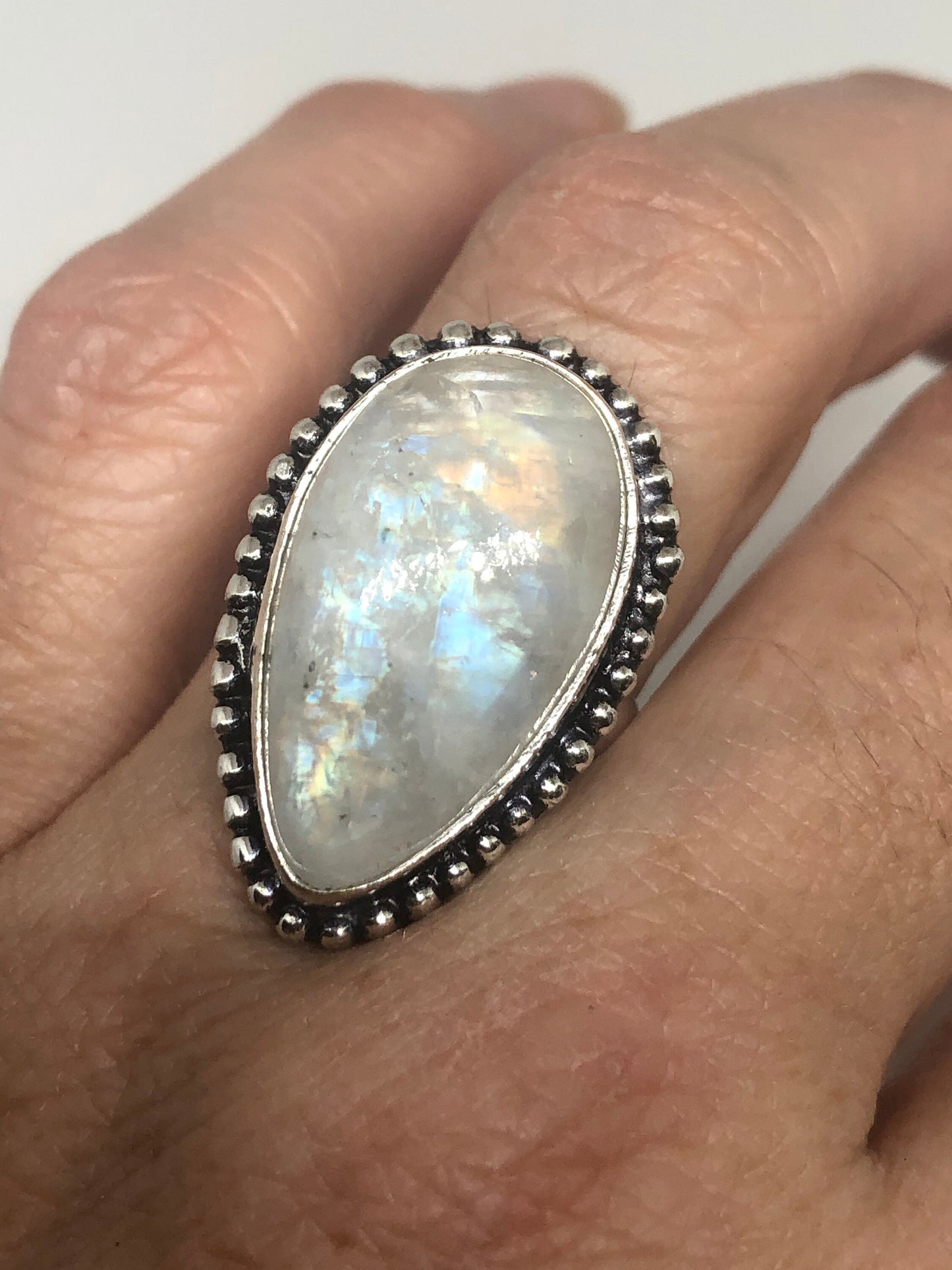 Vintage Genuine Blue White Rainbow Moonstone Ring Size 7