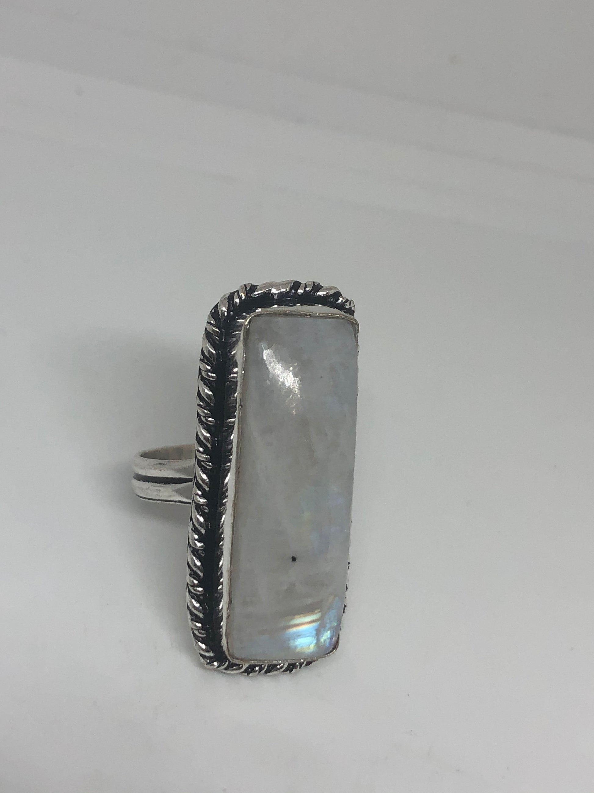 Vintage Genuine Blue White Rainbow Moonstone Ring Size 8.5