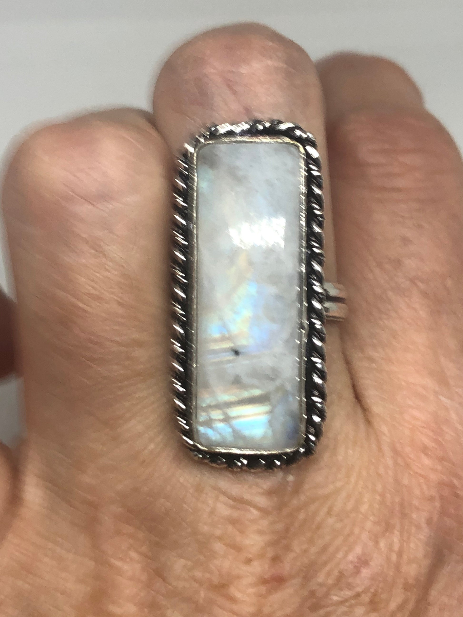 Vintage Genuine Blue White Rainbow Moonstone Ring Size 8.5