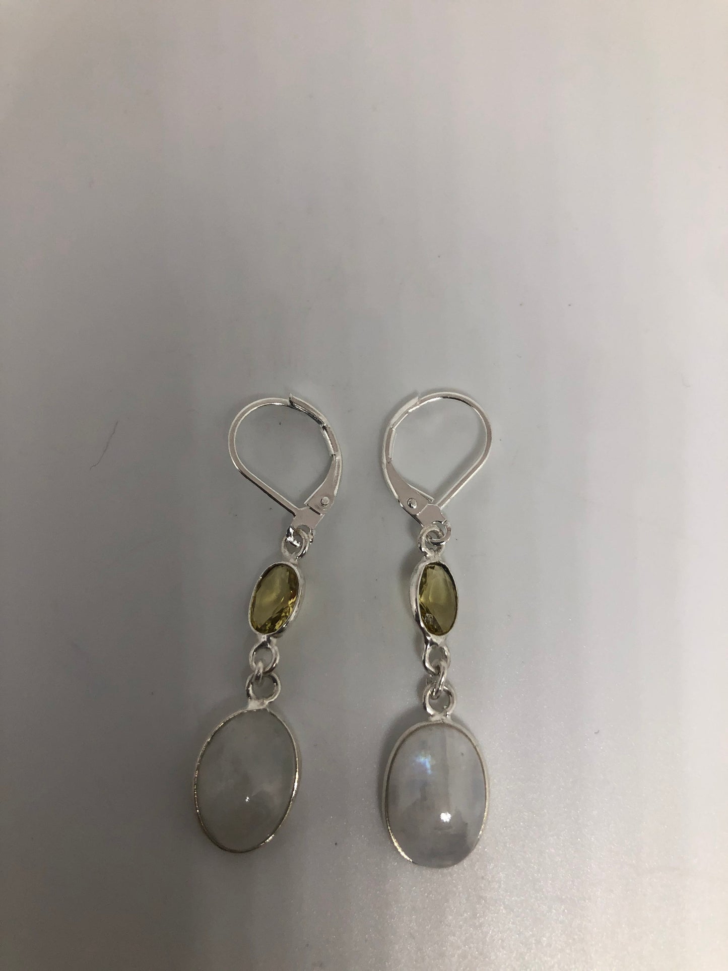 Vintage Rainbow Moonstone Citrine Sterling Silver Lever Back Dangle Earrings