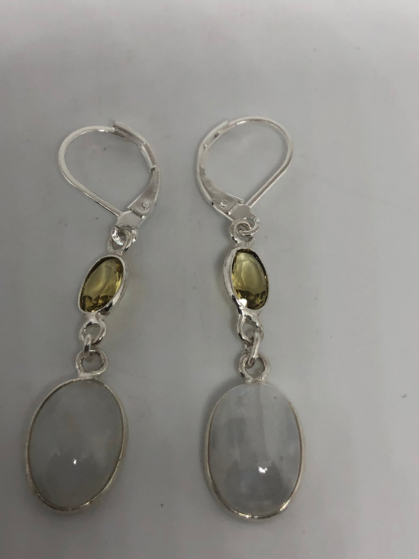 Vintage Rainbow Moonstone Citrine Sterling Silver Lever Back Dangle Earrings