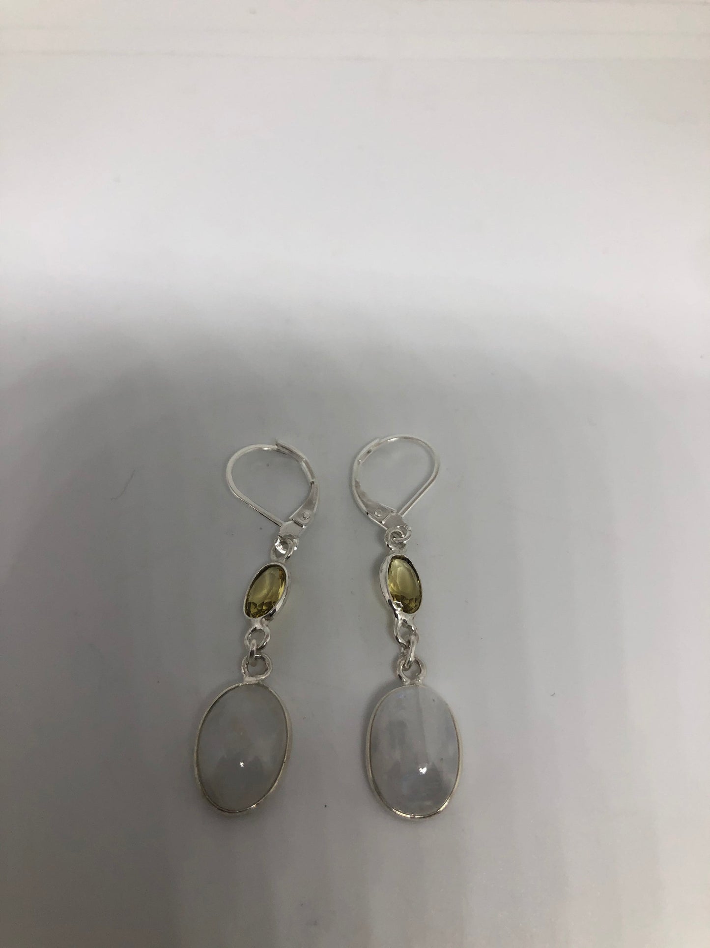 Vintage Rainbow Moonstone Citrine Sterling Silver Lever Back Dangle Earrings