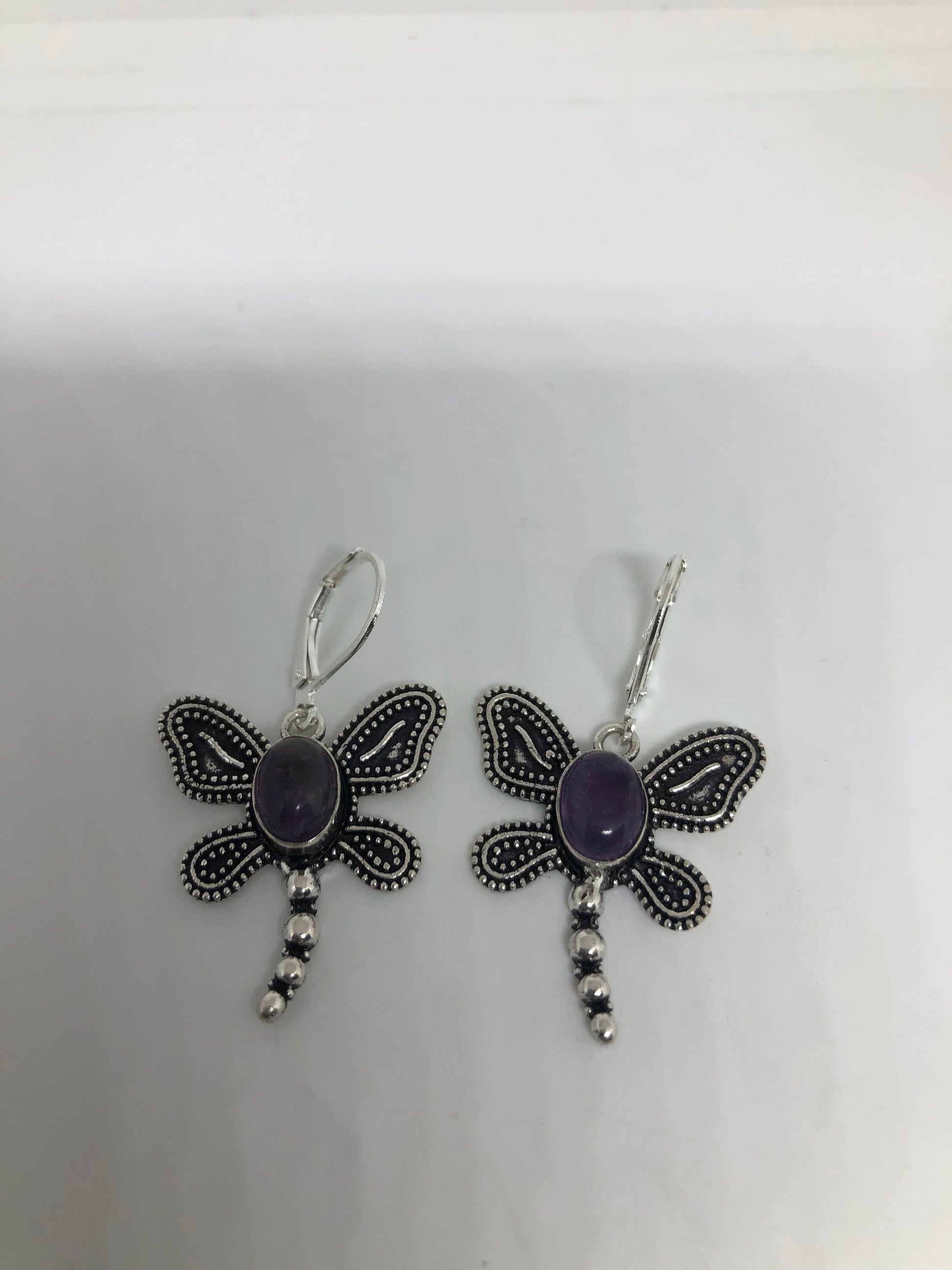 Vintage Purple Amethyst Lever Back Earrings 925 Sterling Silver Chandelier Dragonfly