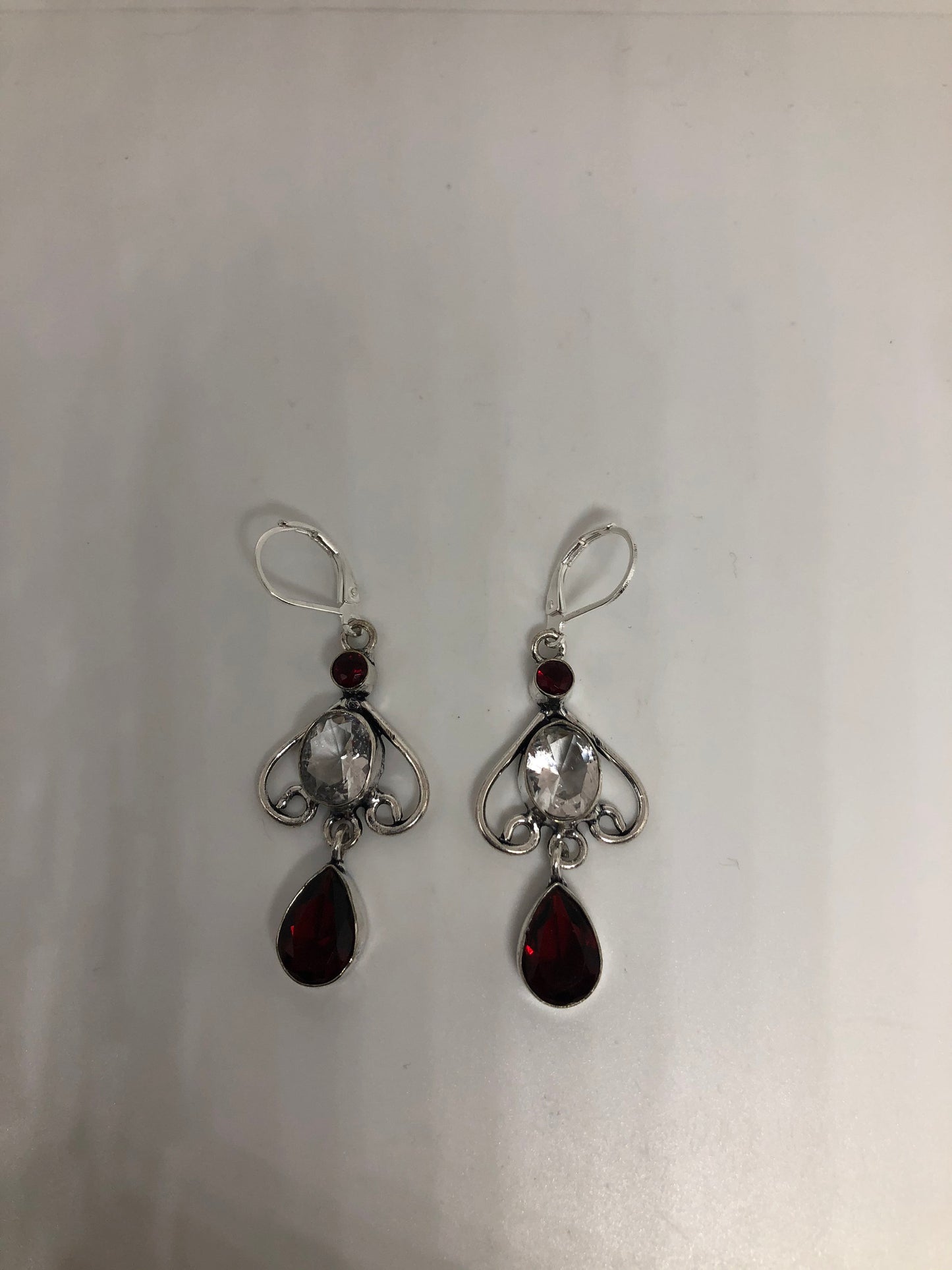 Vintage Red Garnet Clear Quartz Earrings 925 Sterling Silver