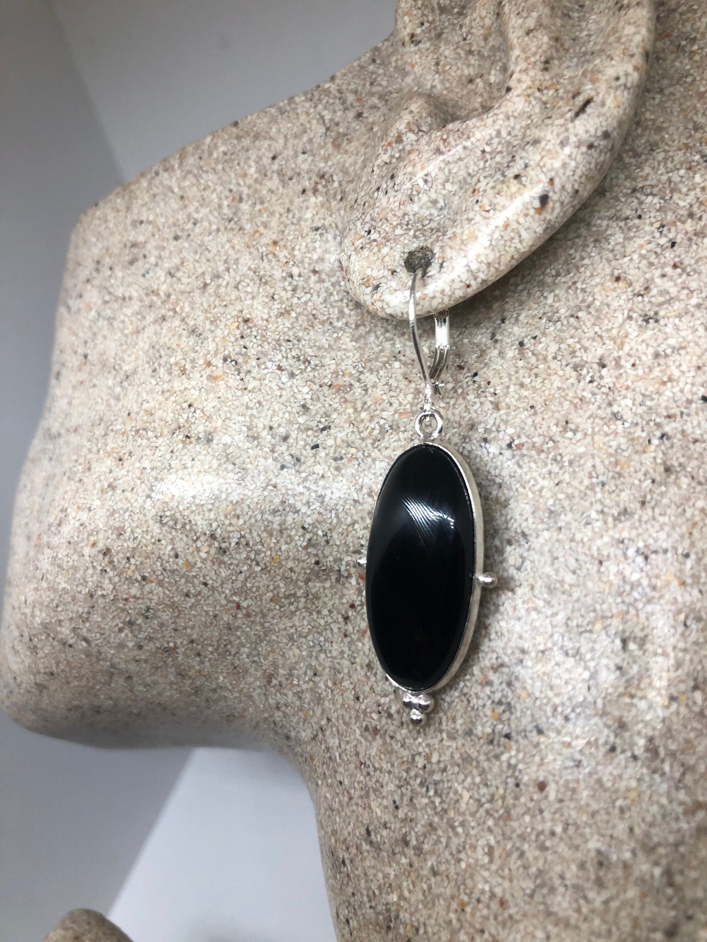 Vintage Black Earring Onyx 925 Sterling Silver Deco Dangle Chandelier