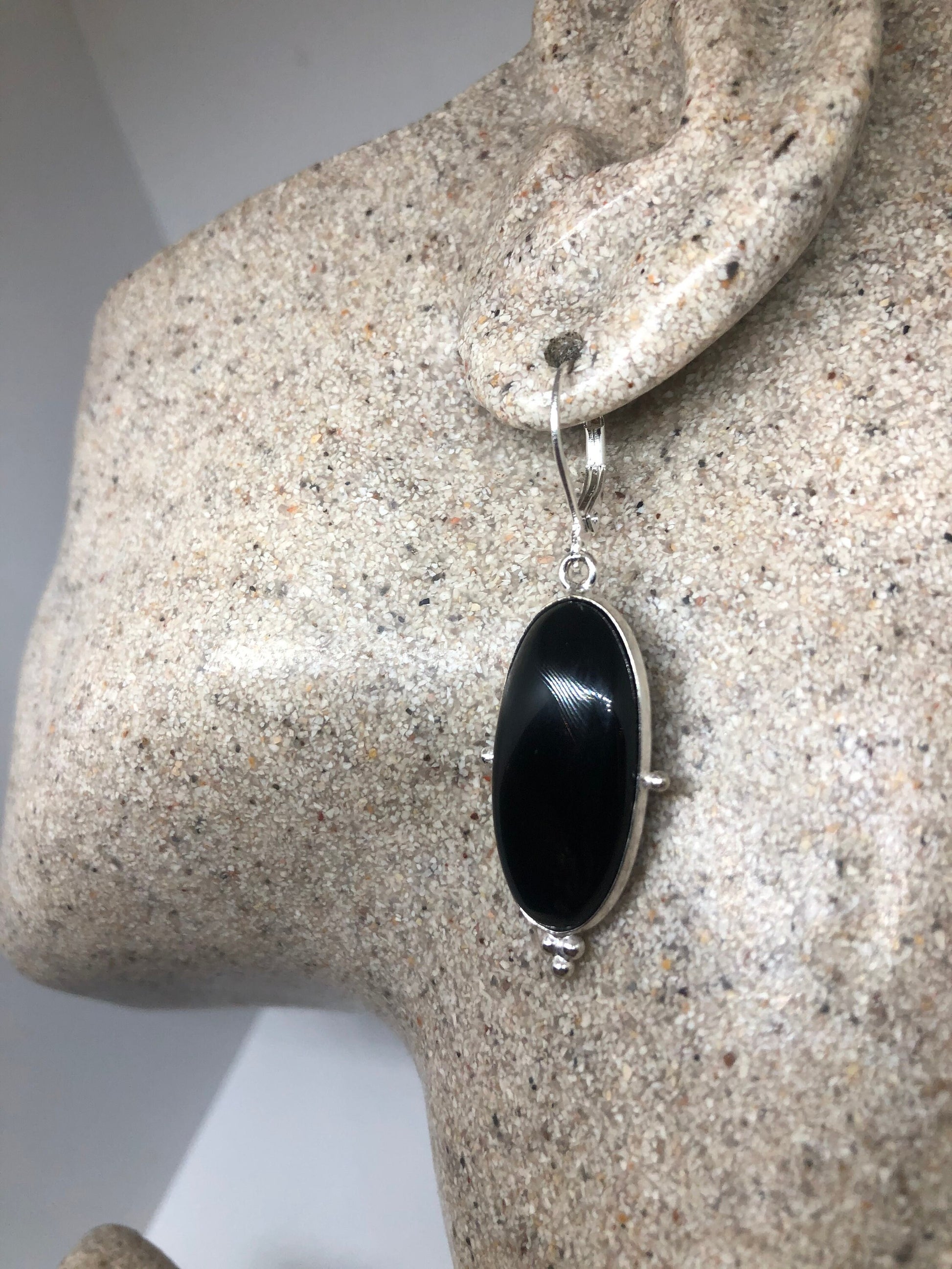 Vintage Black Earring Onyx 925 Sterling Silver Deco Dangle Chandelier