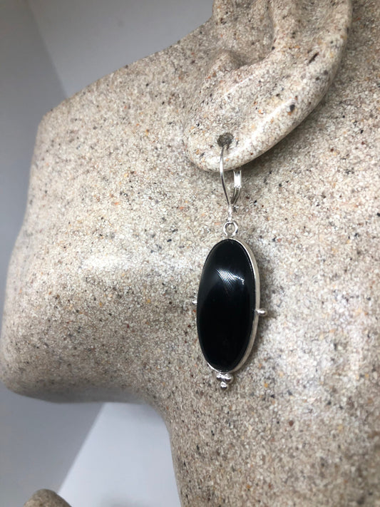 Vintage Black Earring Onyx 925 Sterling Silver Deco Dangle Chandelier