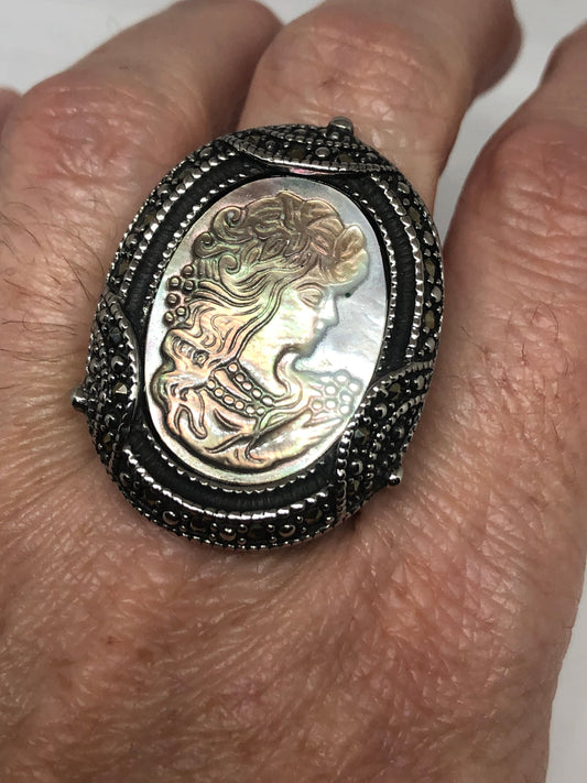 Antique White Mother of Pearl cameo Marcasite Filigree Ring