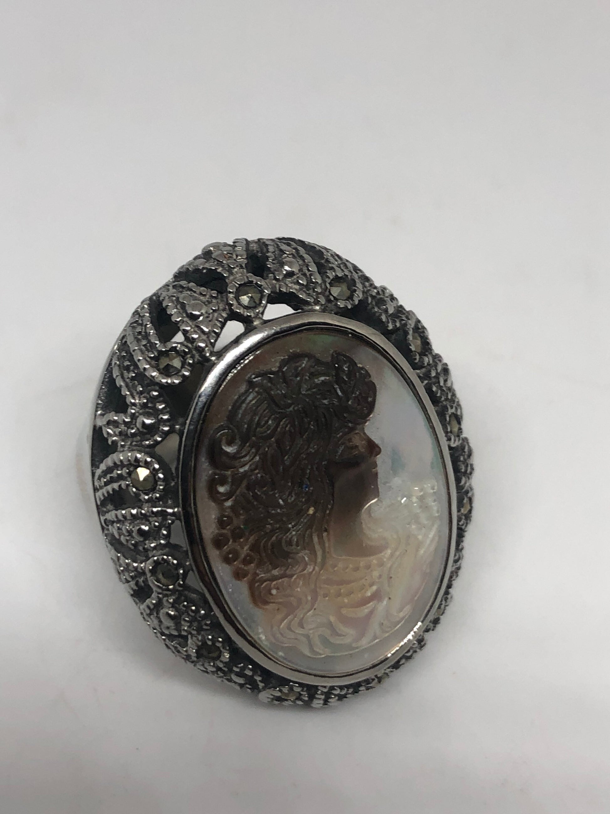 Antique White Mother of Pearl cameo Marcasite Filigree Ring