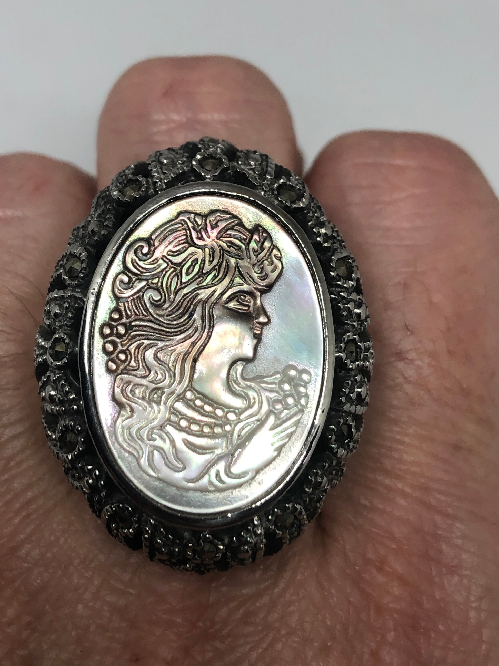 Antique White Mother of Pearl cameo Marcasite Filigree Ring