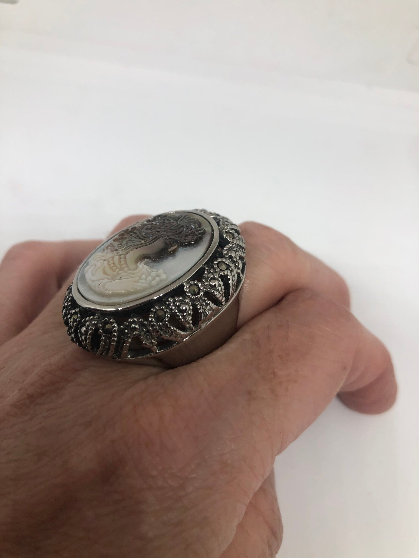 Antique White Mother of Pearl cameo Marcasite Filigree Ring