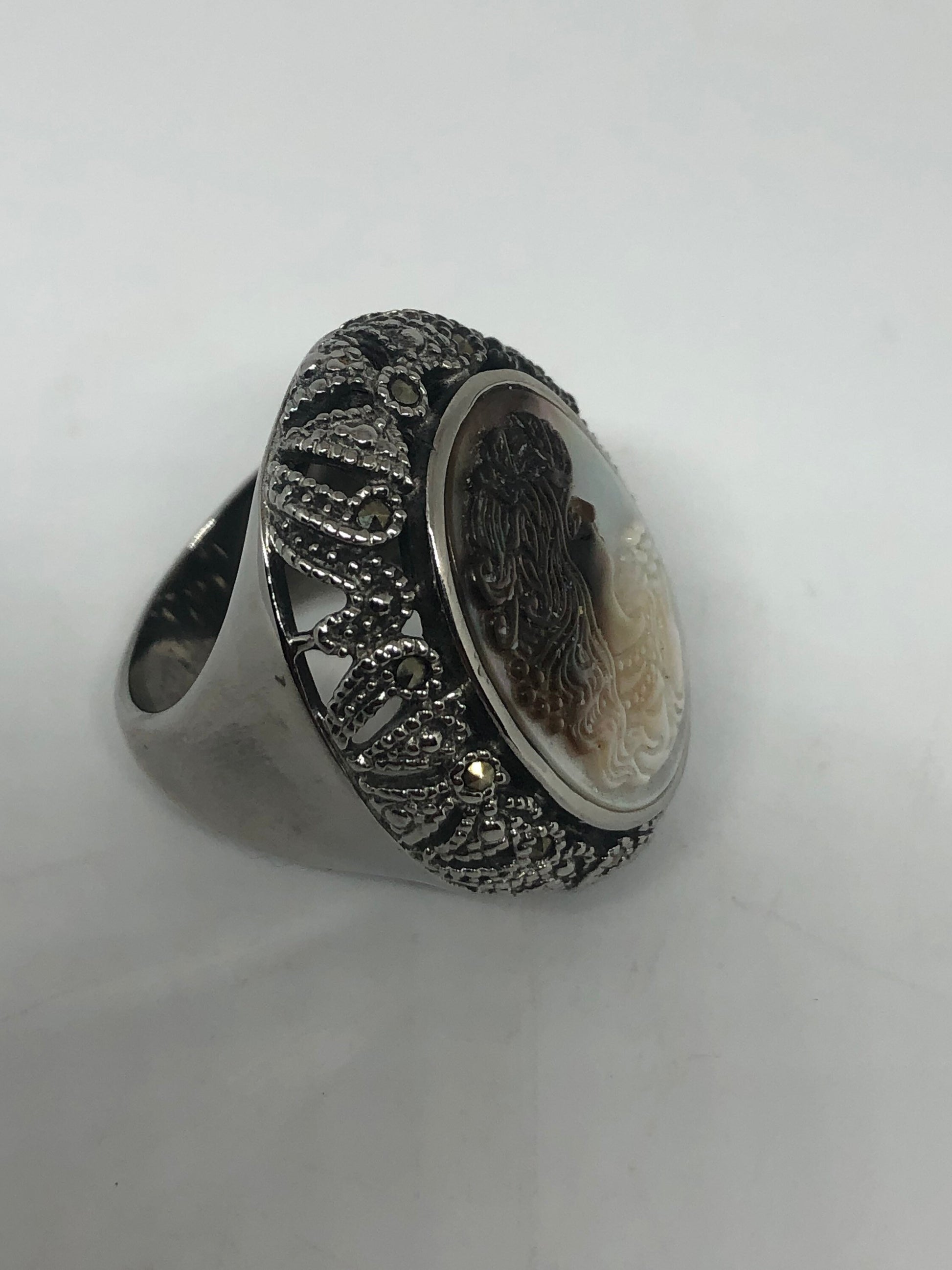 Antique White Mother of Pearl cameo Marcasite Filigree Ring