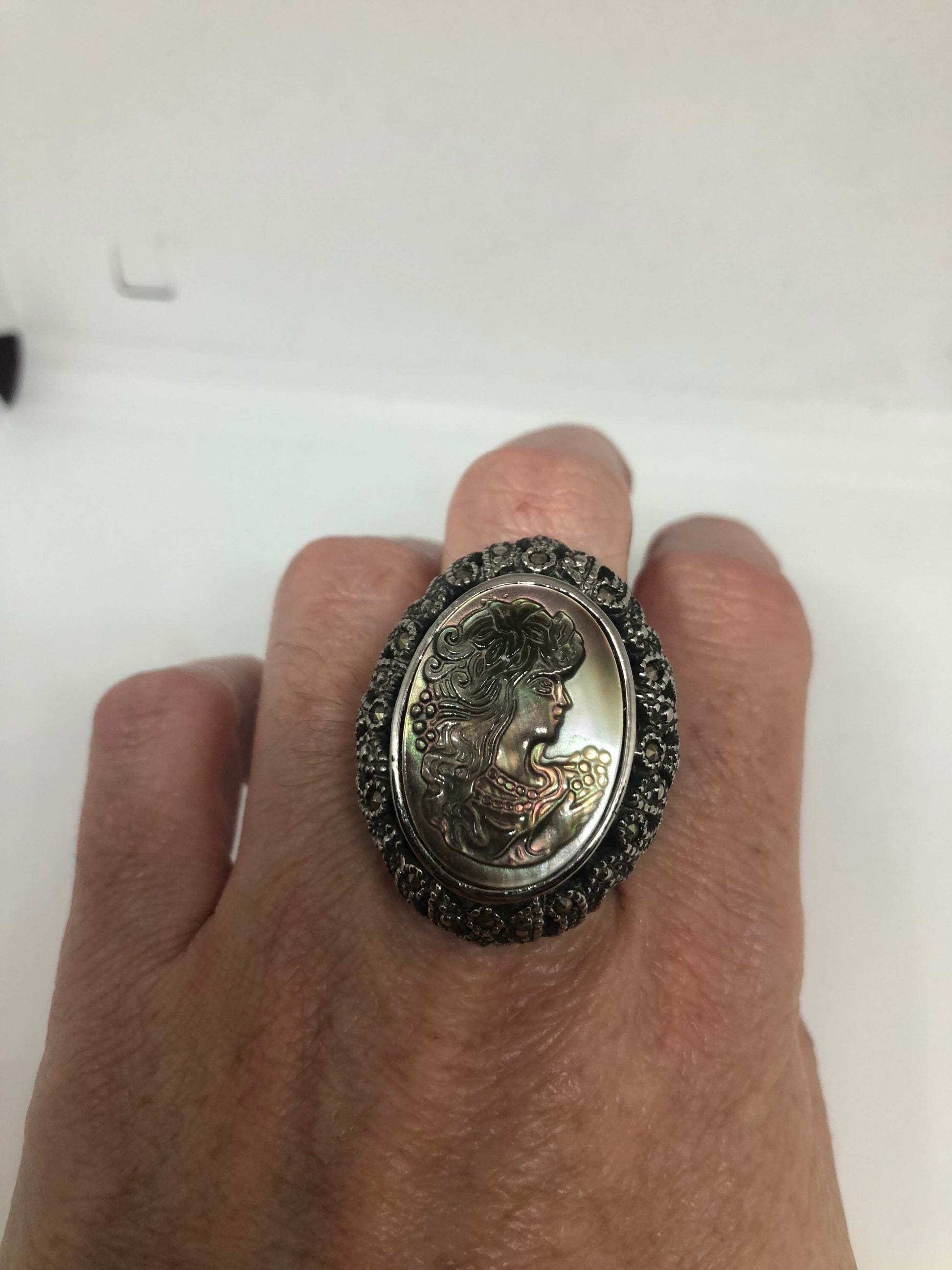 Antique White Mother of Pearl cameo Marcasite Filigree Ring