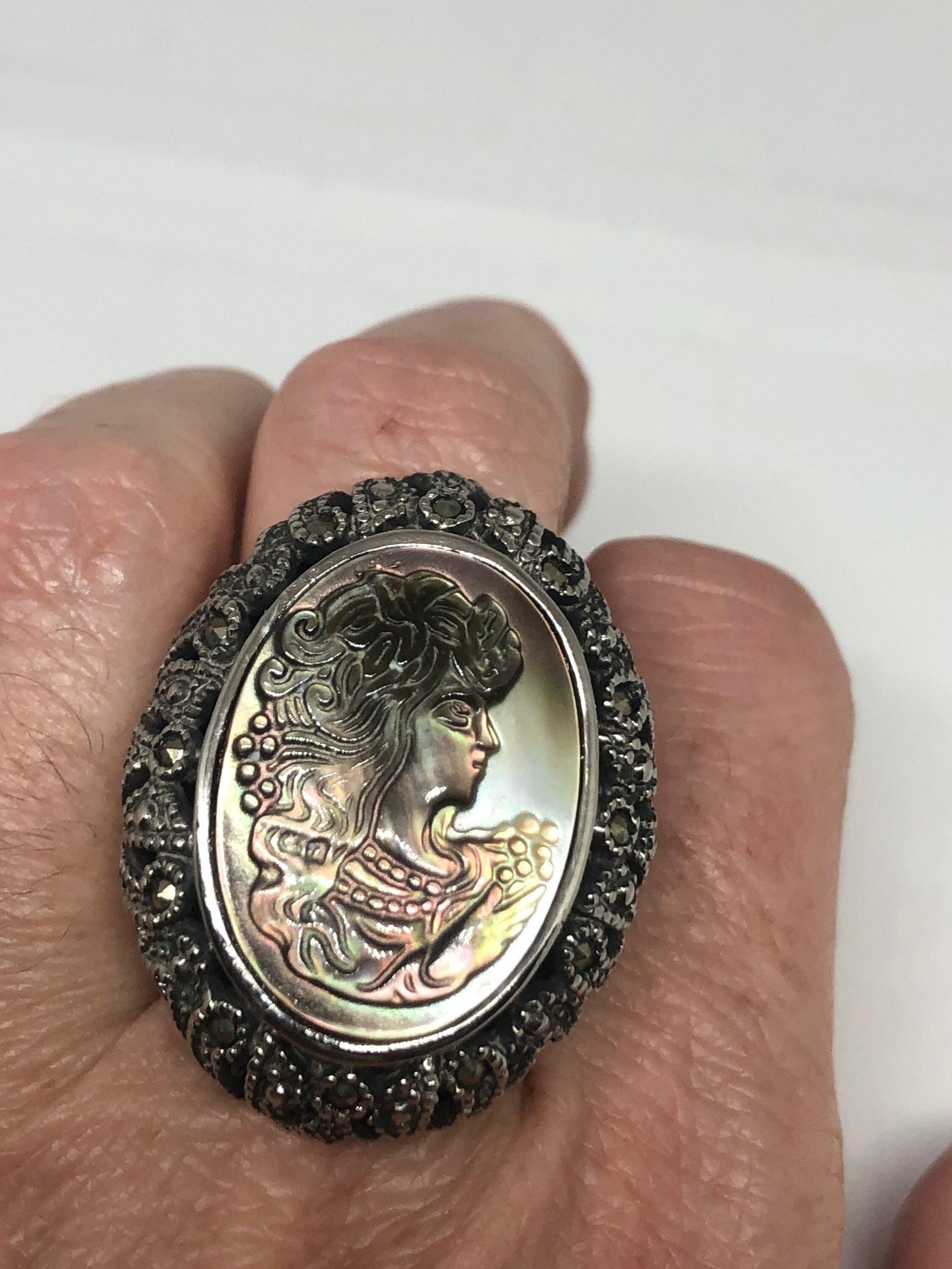 Antique White Mother of Pearl cameo Marcasite Filigree Ring