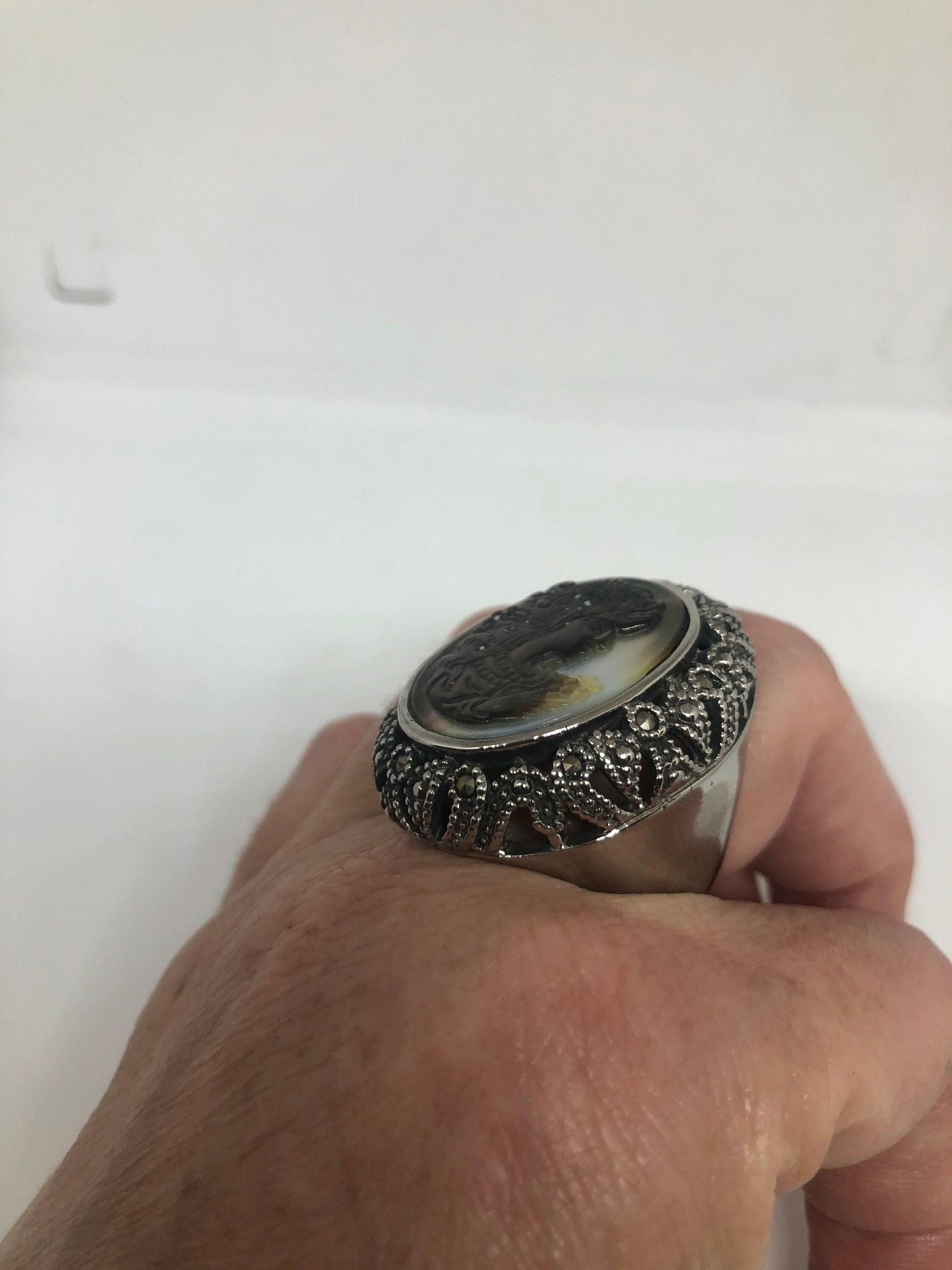 Antique White Mother of Pearl cameo Marcasite Filigree Ring